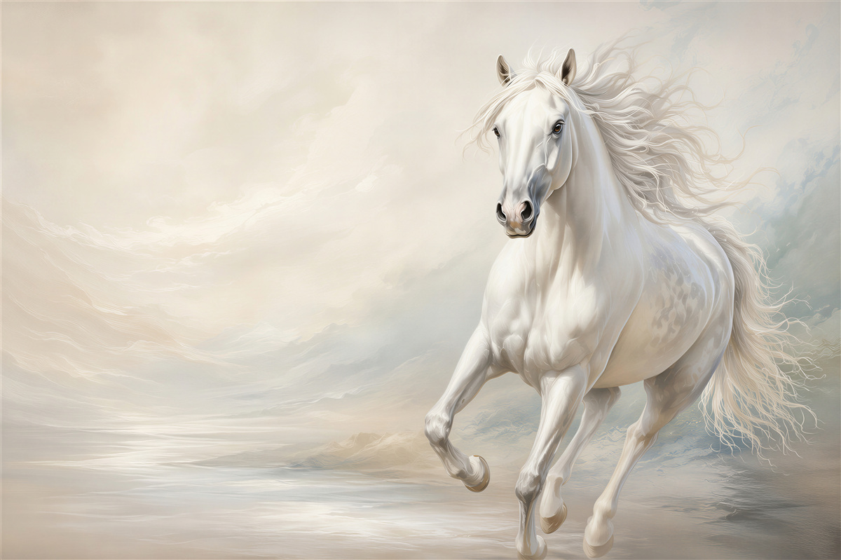 Fototapeta galop silnego białego konia z grzywą