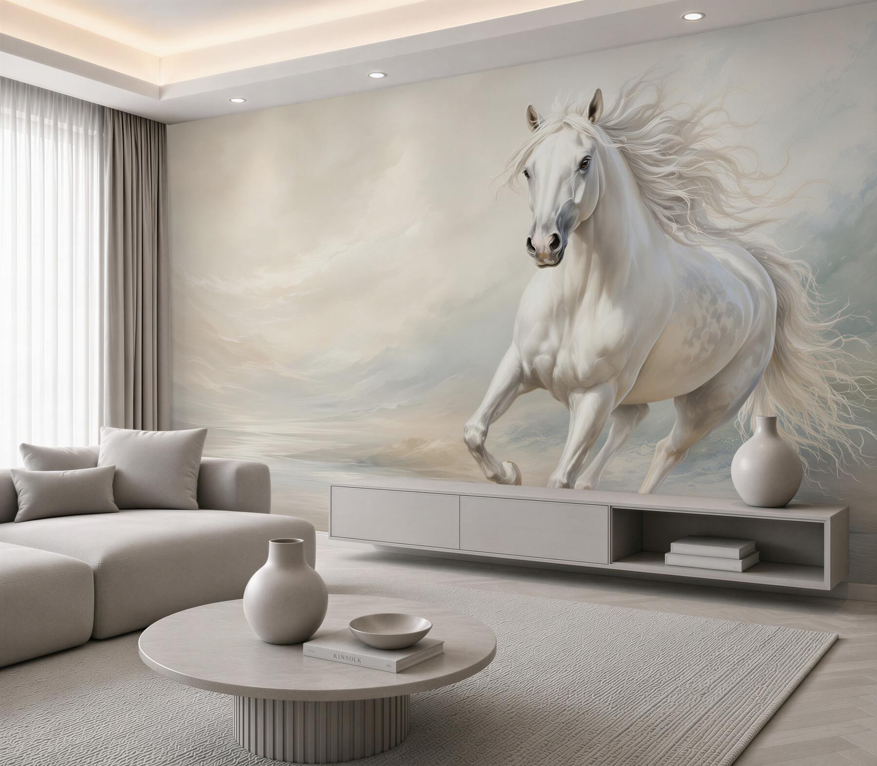 Fototapeta galop silnego białego konia z grzywą?v23