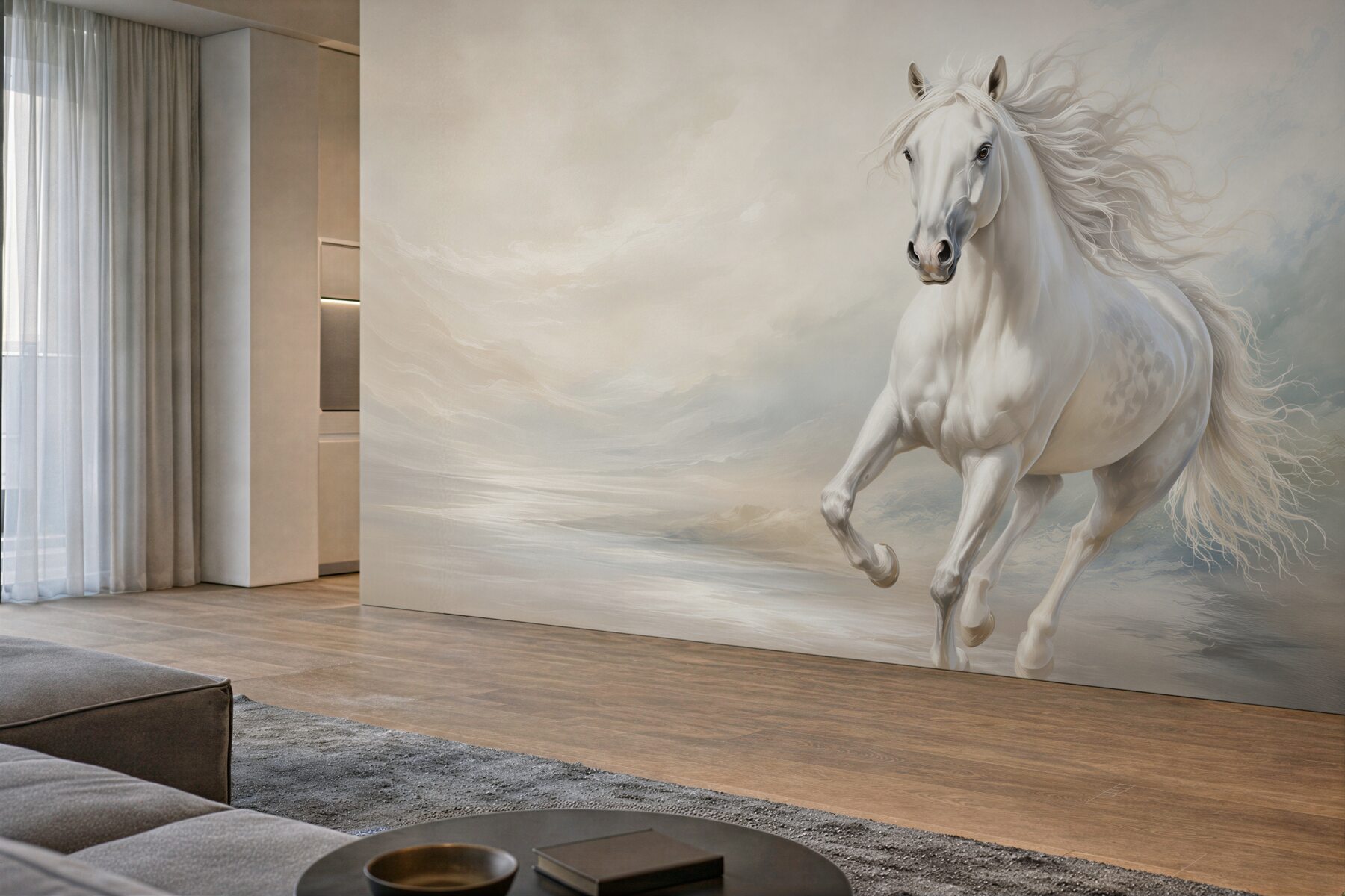Fototapeta galop silnego białego konia z grzywą?v23