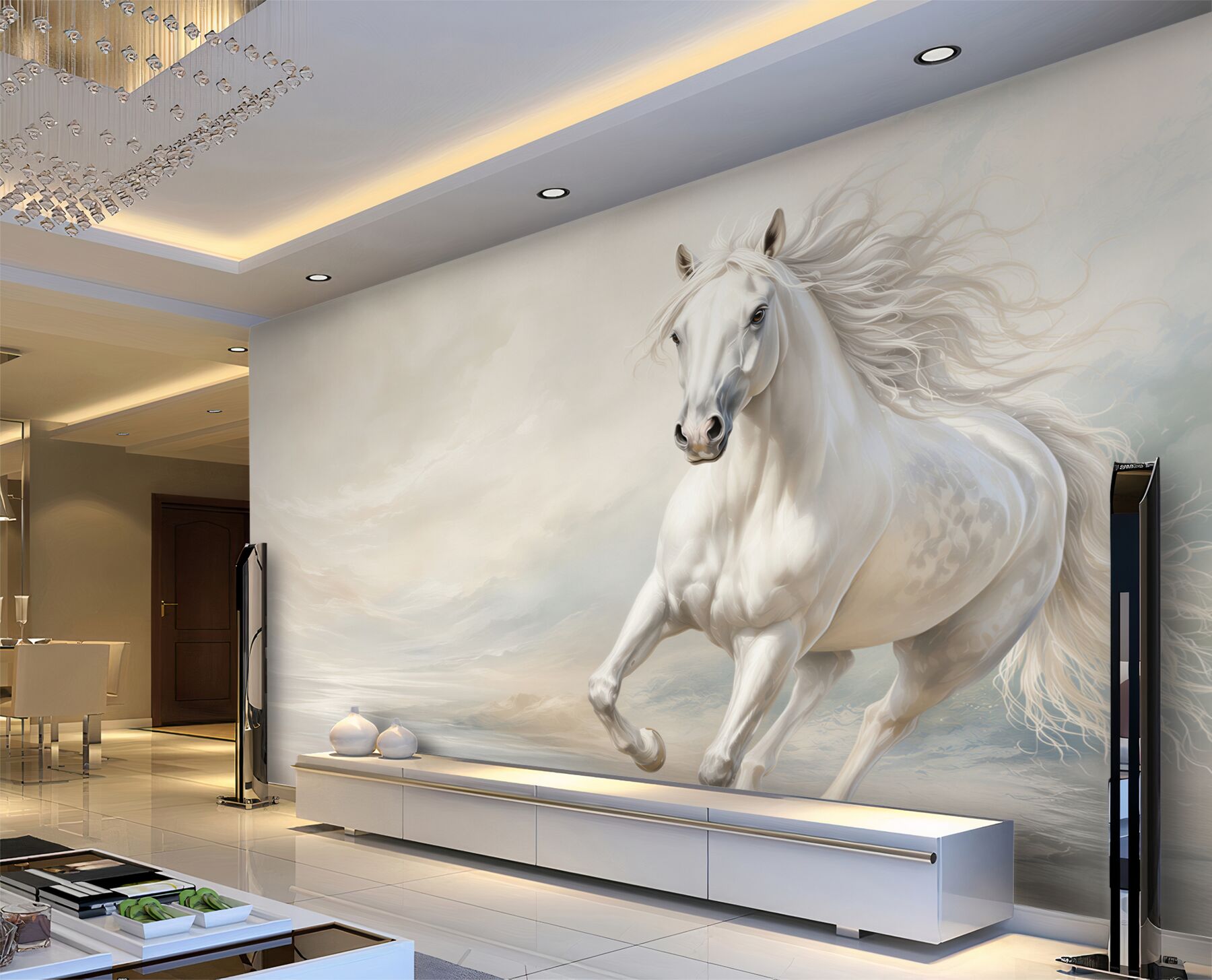 Fototapeta galop silnego białego konia z grzywą