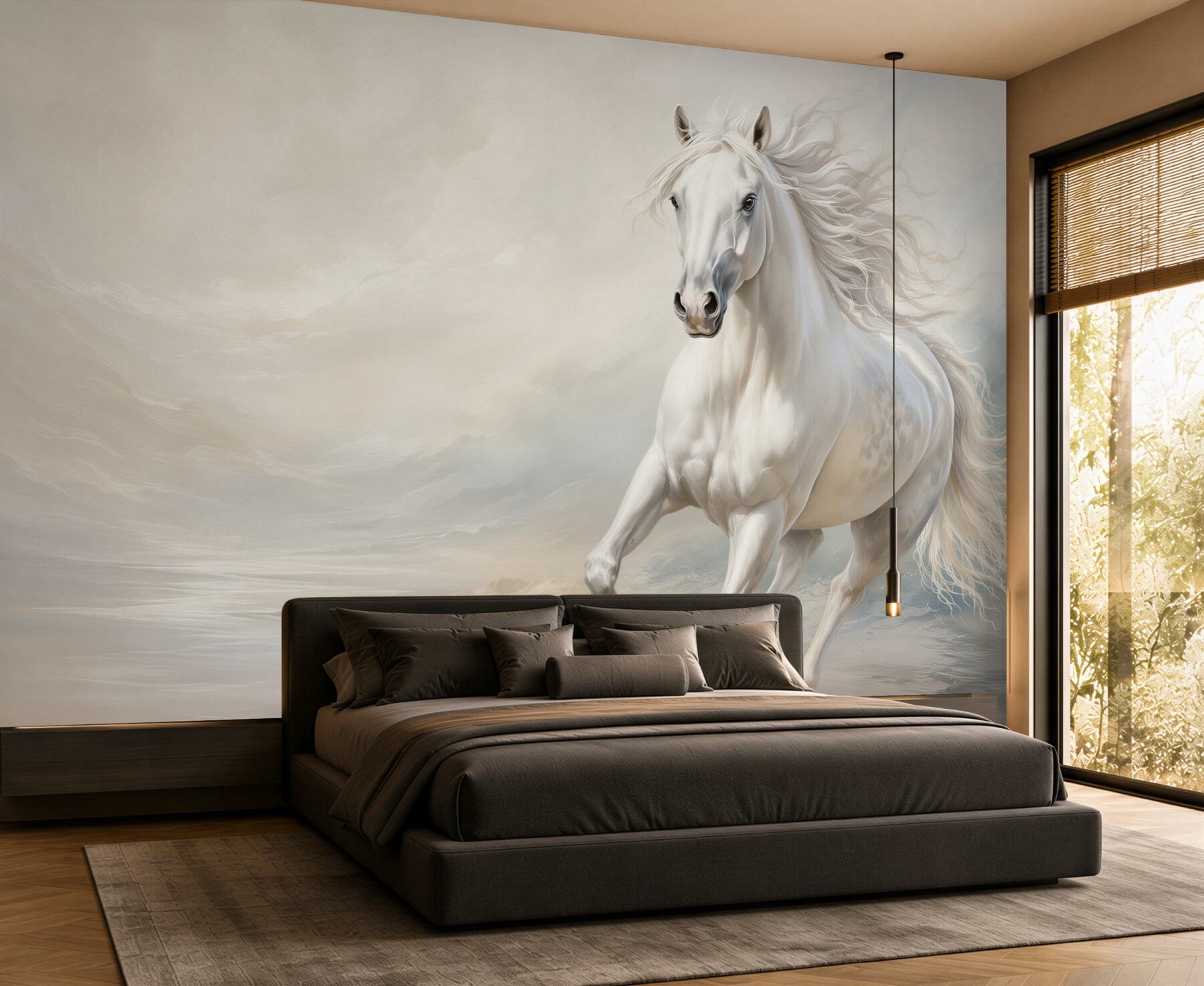 Fototapeta galop silnego białego konia z grzywą?v23