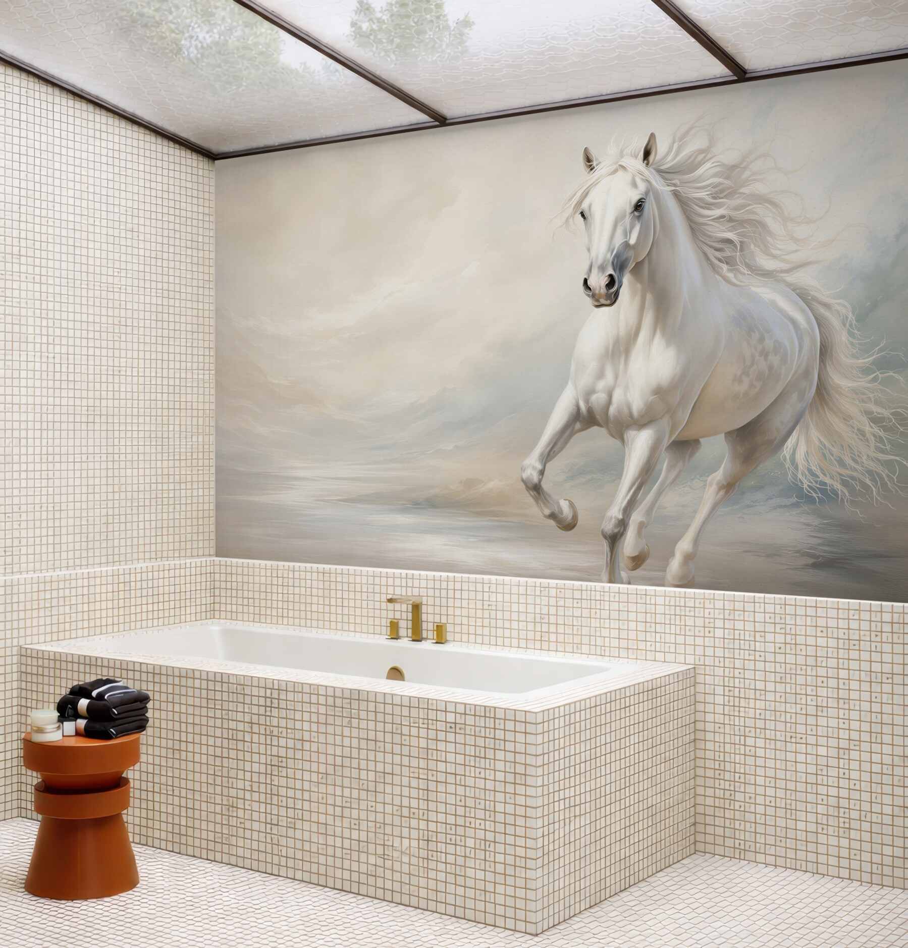 Fototapeta galop silnego białego konia z grzywą?v23