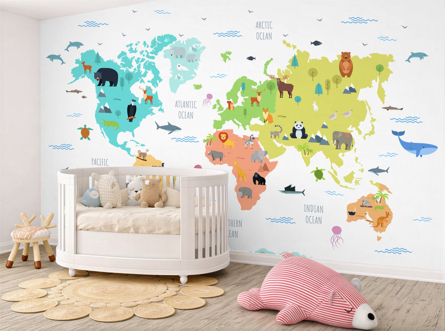 Fototapeta wielobarwna mapa świata ze zwierzętami?v23