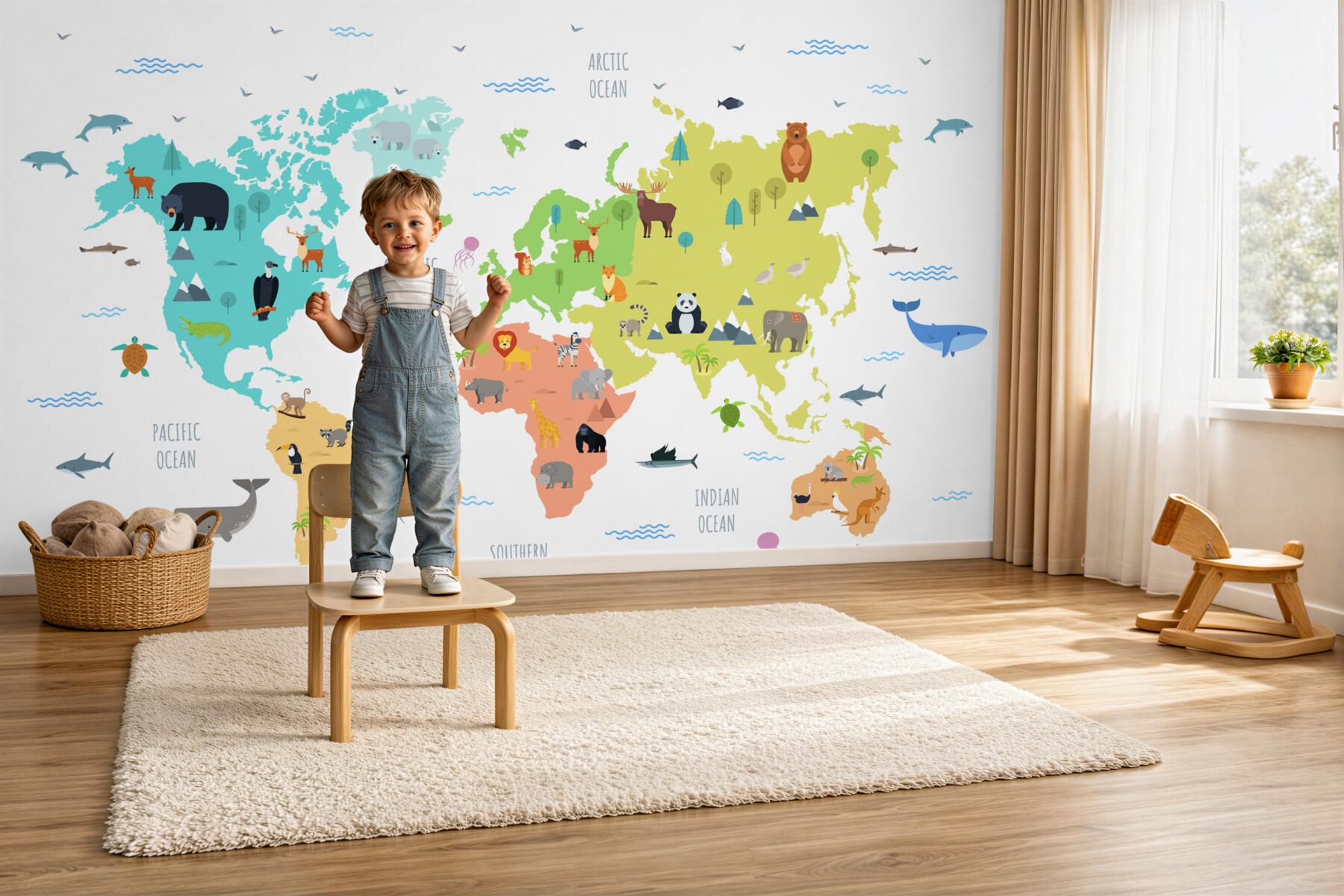 Fototapeta wielobarwna mapa świata ze zwierzętami?v23