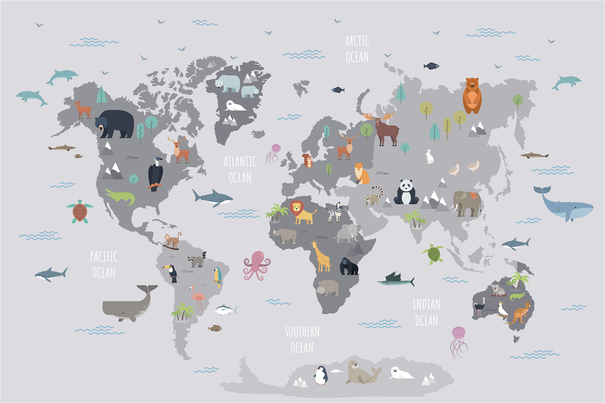 Fototapeta mapa świata ze zwierzętami w szarych kolorach