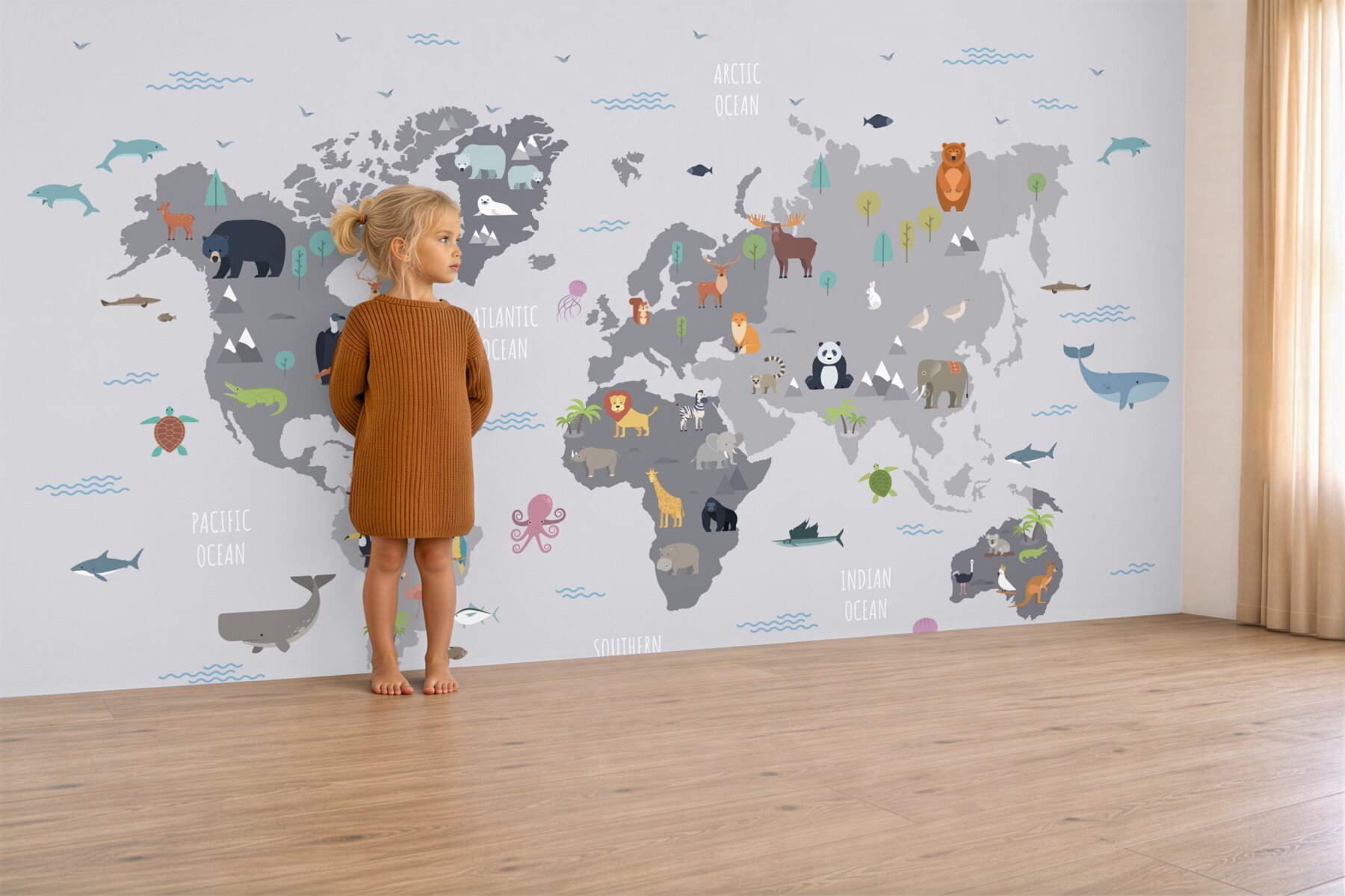 Fototapeta mapa świata ze zwierzętami w szarych kolorach?v23