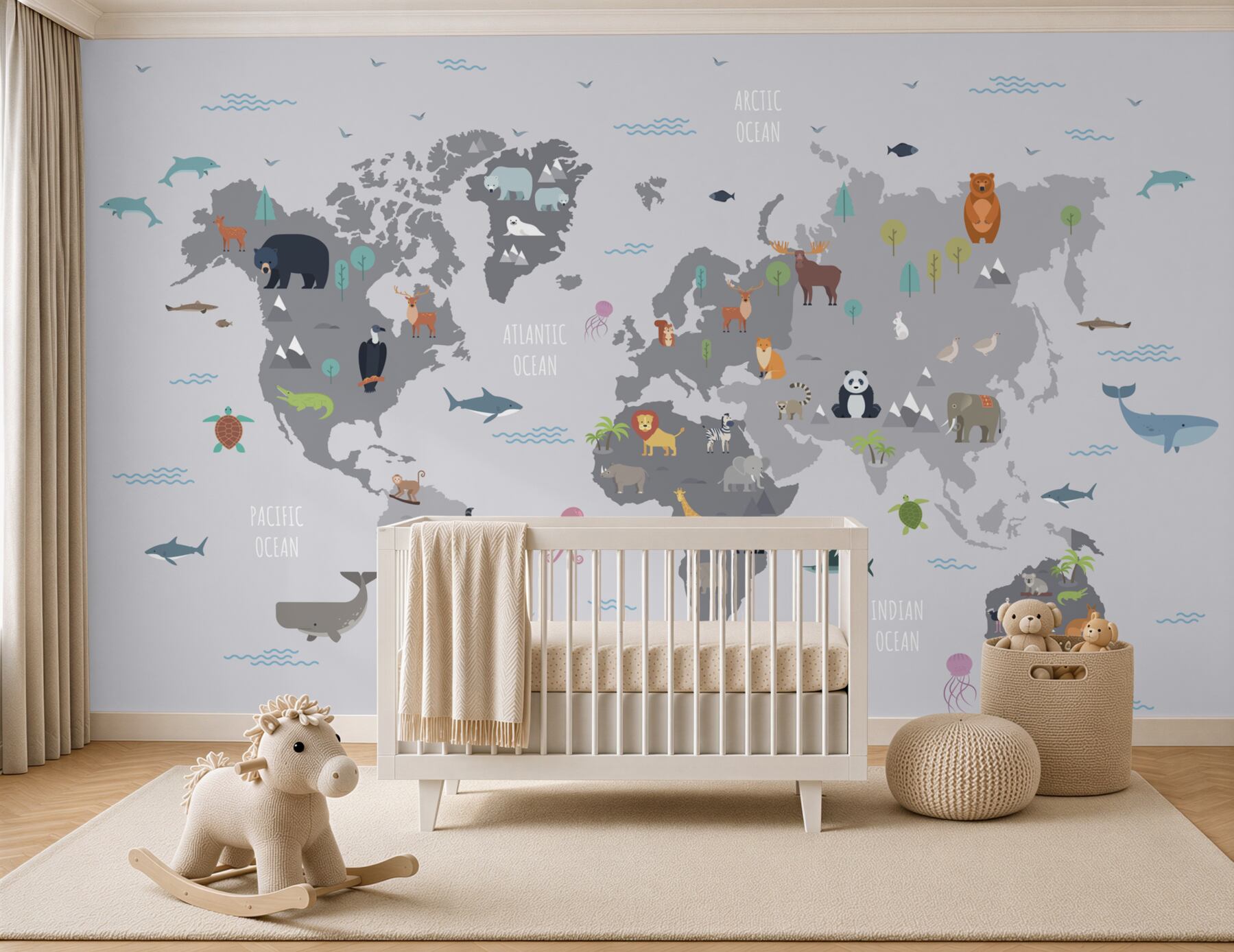 Fototapeta mapa świata ze zwierzętami w szarych kolorach?v23