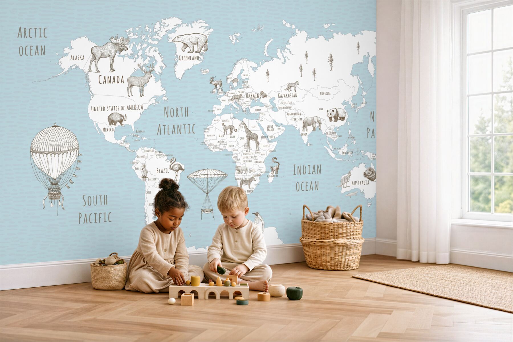 Fototapeta mapa świata ze zwierzętami i latającymi samochodami?v23