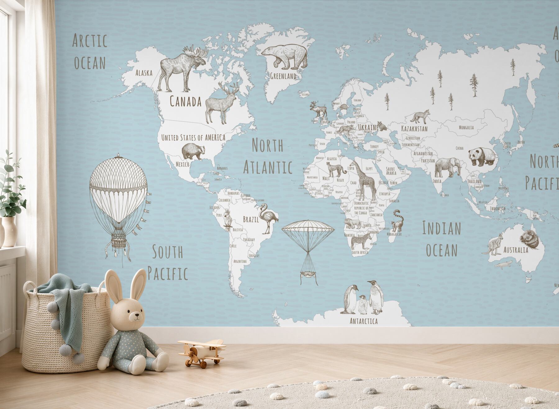 Fototapeta mapa świata ze zwierzętami i latającymi samochodami