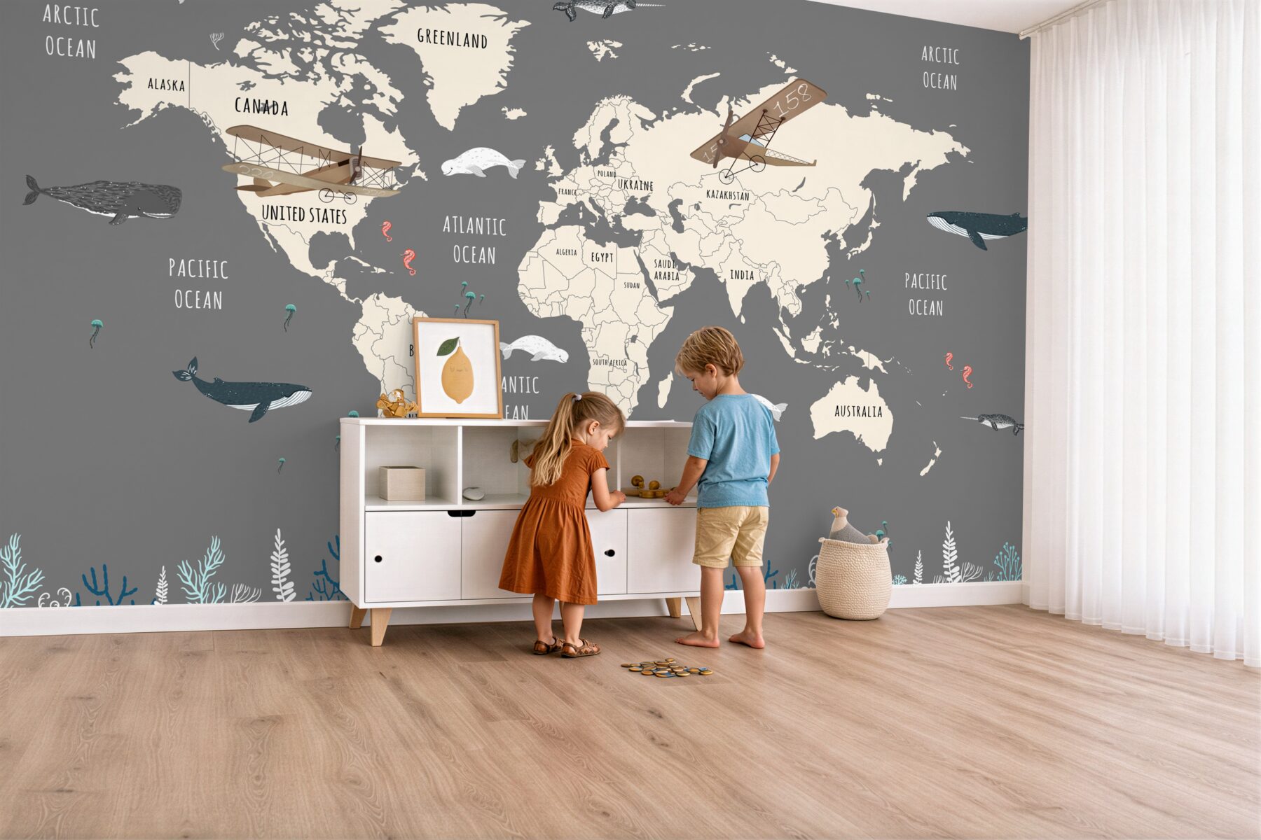 Fototapeta Mapa świata z podwodnymi zwierzętami?v23
