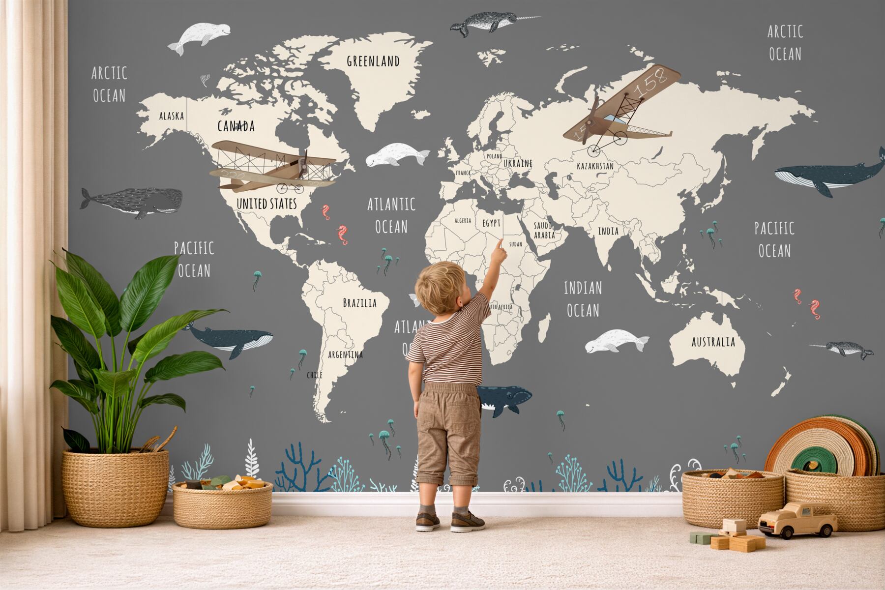 Fototapeta Mapa świata z podwodnymi zwierzętami?v23