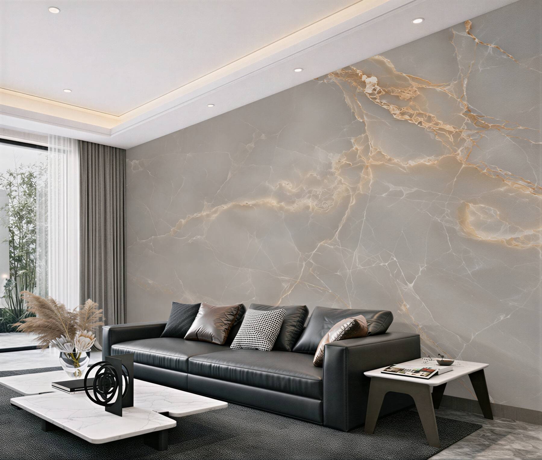 Fototapeta szare płytki porcelanowe ze złotymi gałęziami?v23