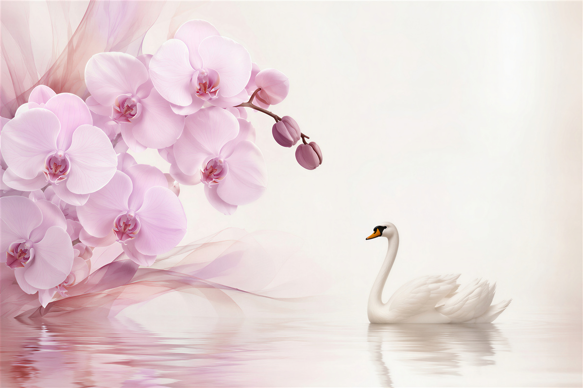 Fototapeta łabędzie na wodzie i delikatna liliowa orchidea