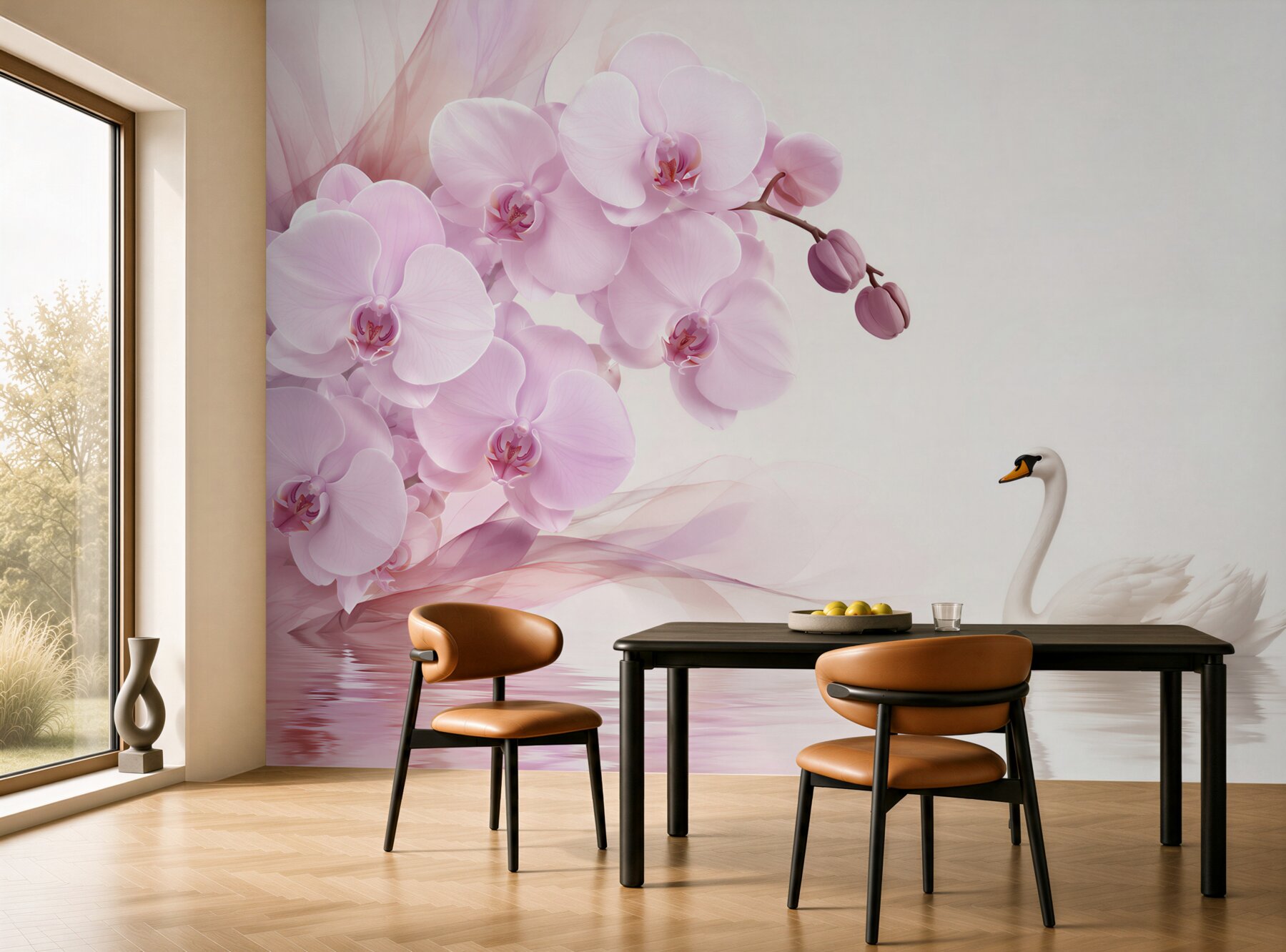 Fototapeta łabędzie na wodzie i delikatna liliowa orchidea?v23