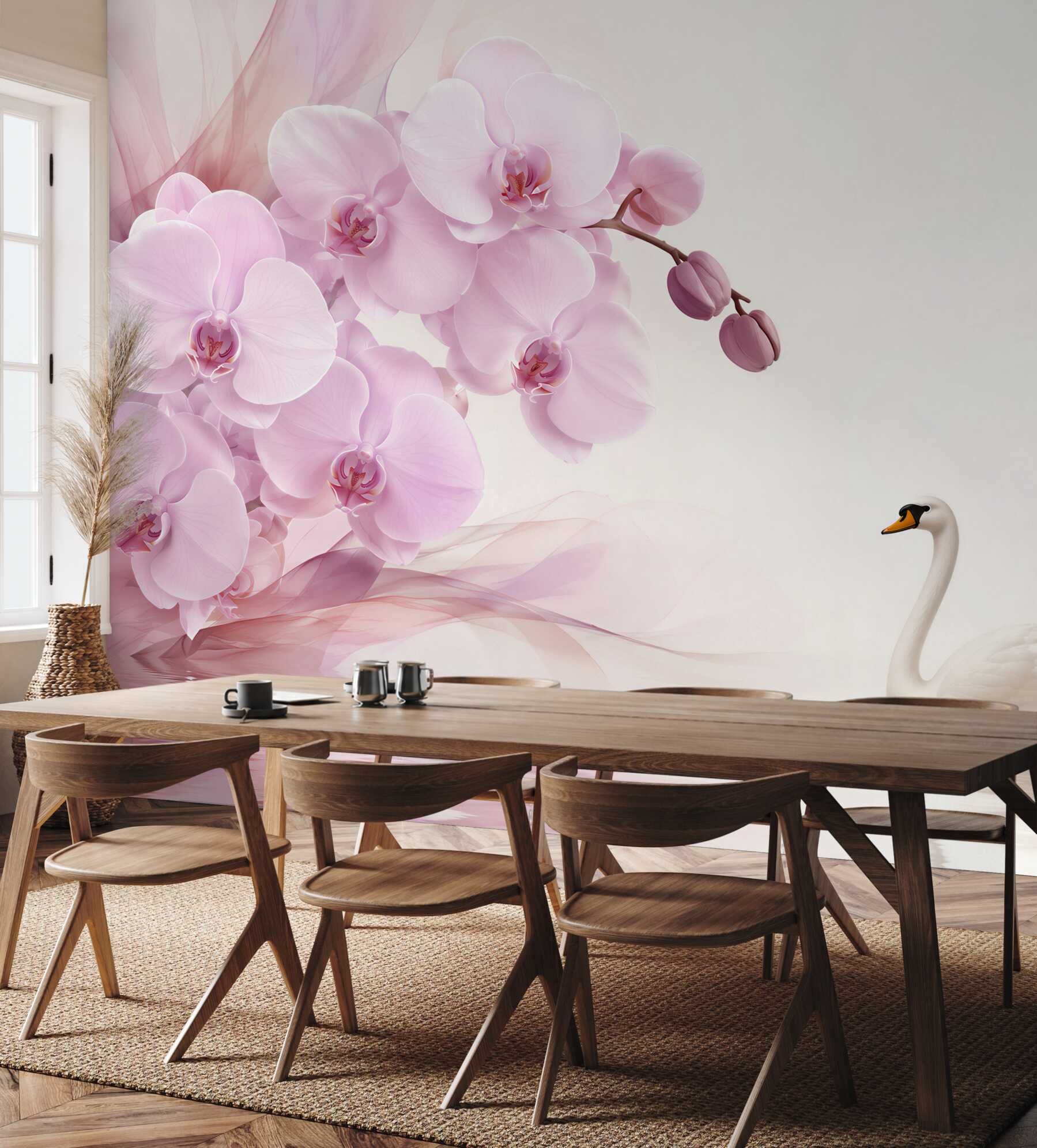 Fototapeta łabędzie na wodzie i delikatna liliowa orchidea?v23