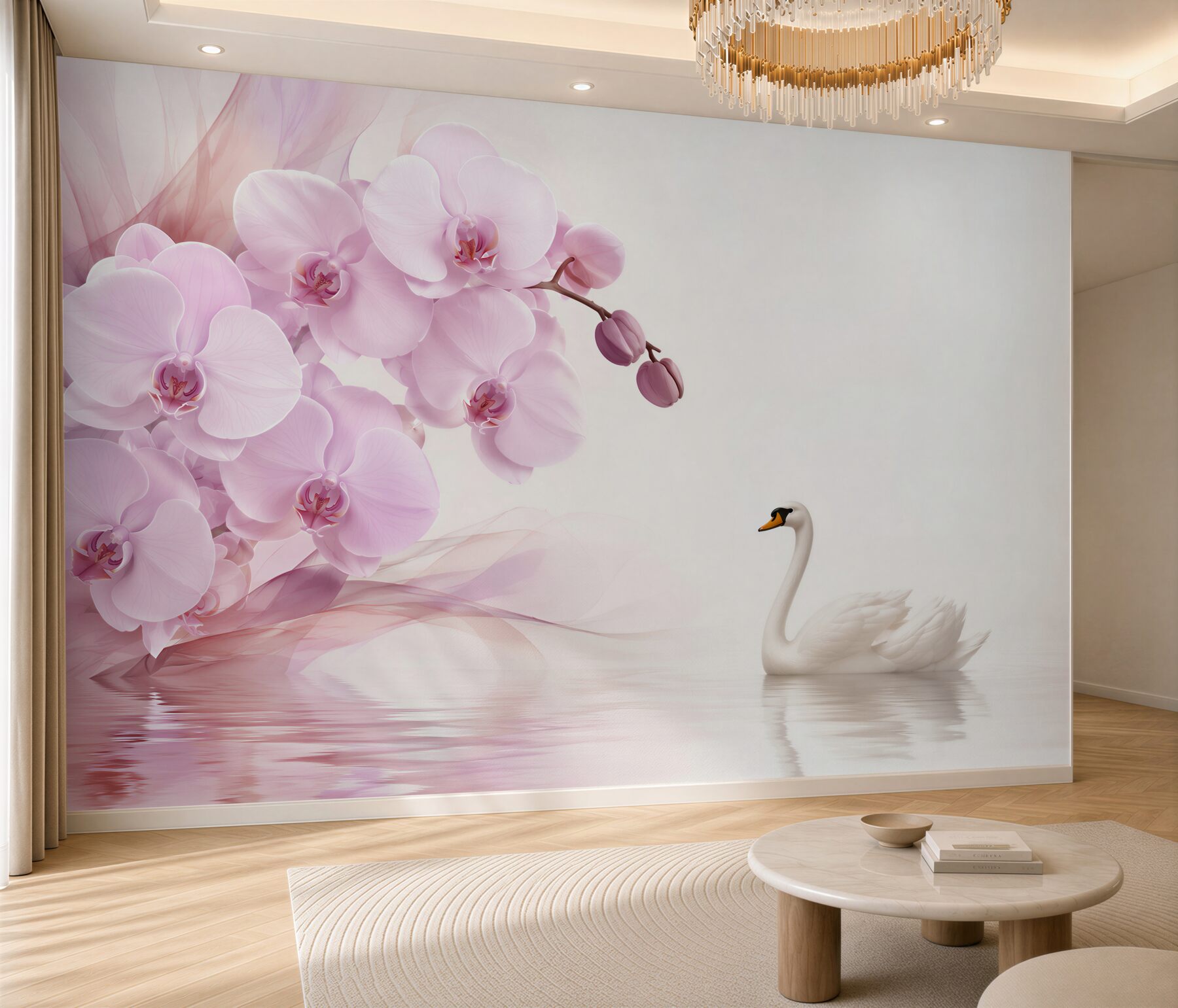 Fototapeta łabędzie na wodzie i delikatna liliowa orchidea?v23