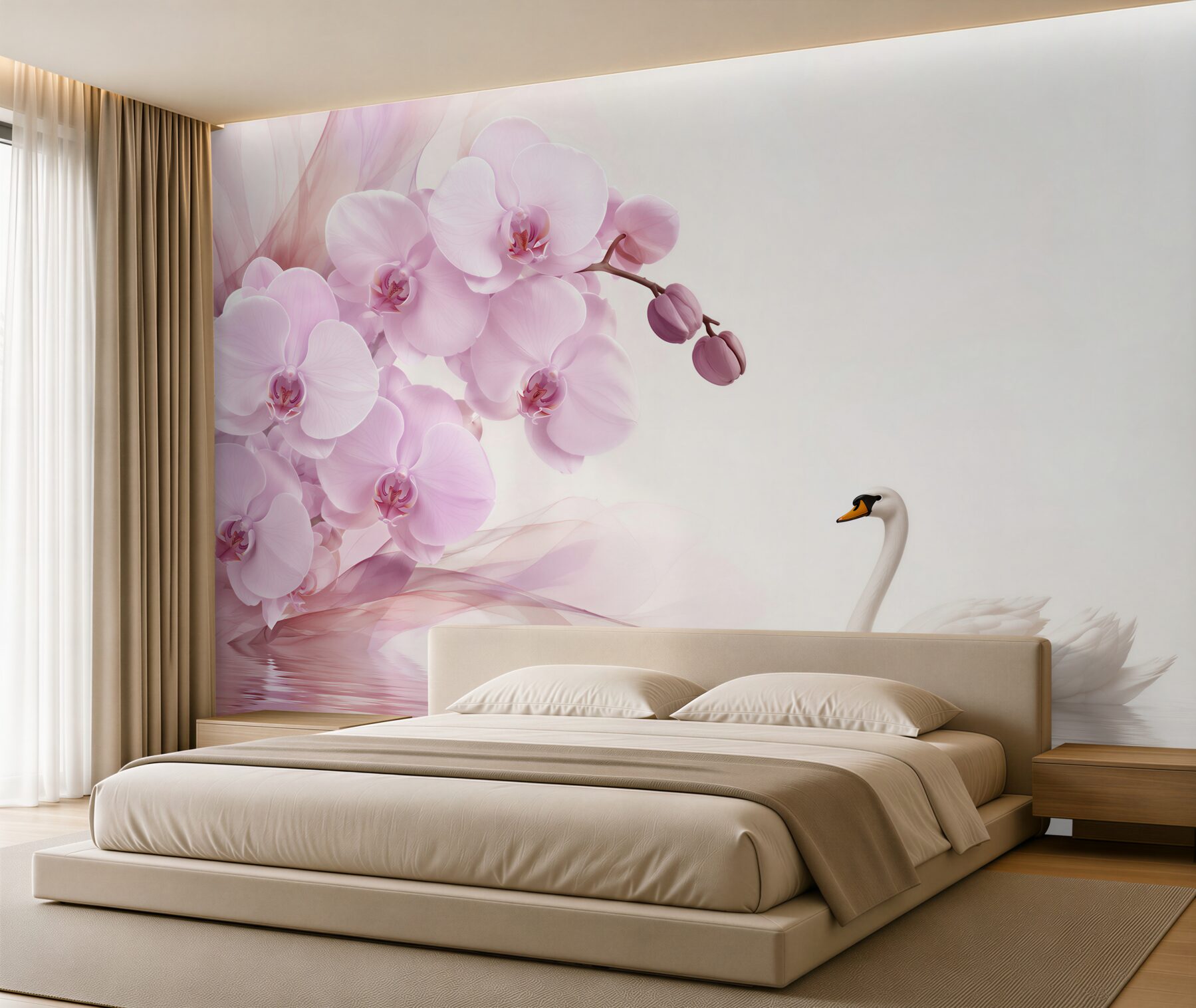Fototapeta łabędzie na wodzie i delikatna liliowa orchidea?v23