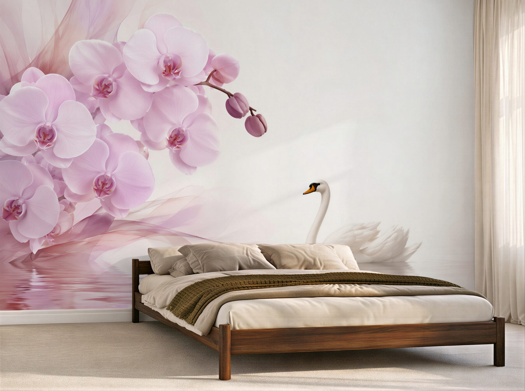 Fototapeta łabędzie na wodzie i delikatna liliowa orchidea?v23