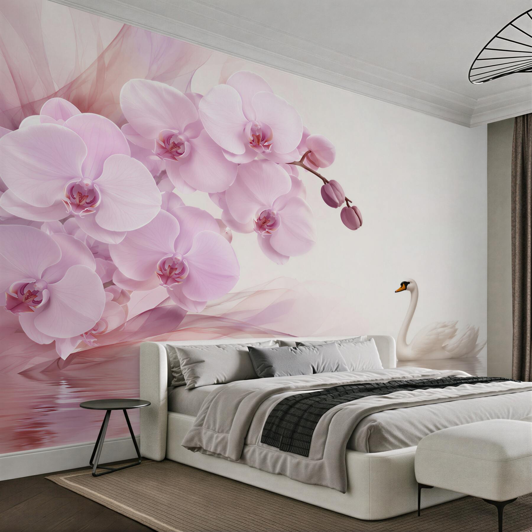 Fototapeta łabędzie na wodzie i delikatna liliowa orchidea?v23