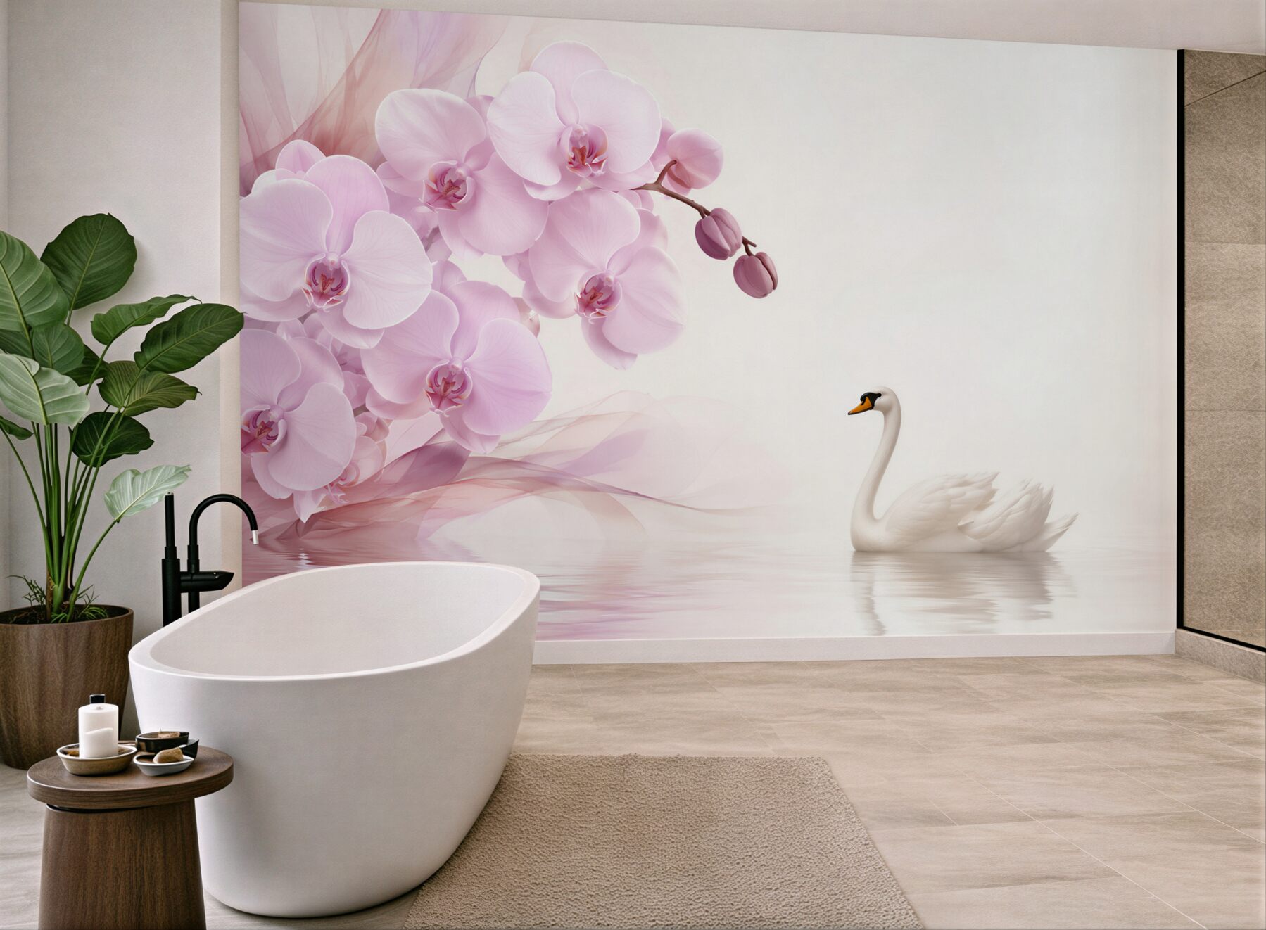 Fototapeta łabędzie na wodzie i delikatna liliowa orchidea?v23