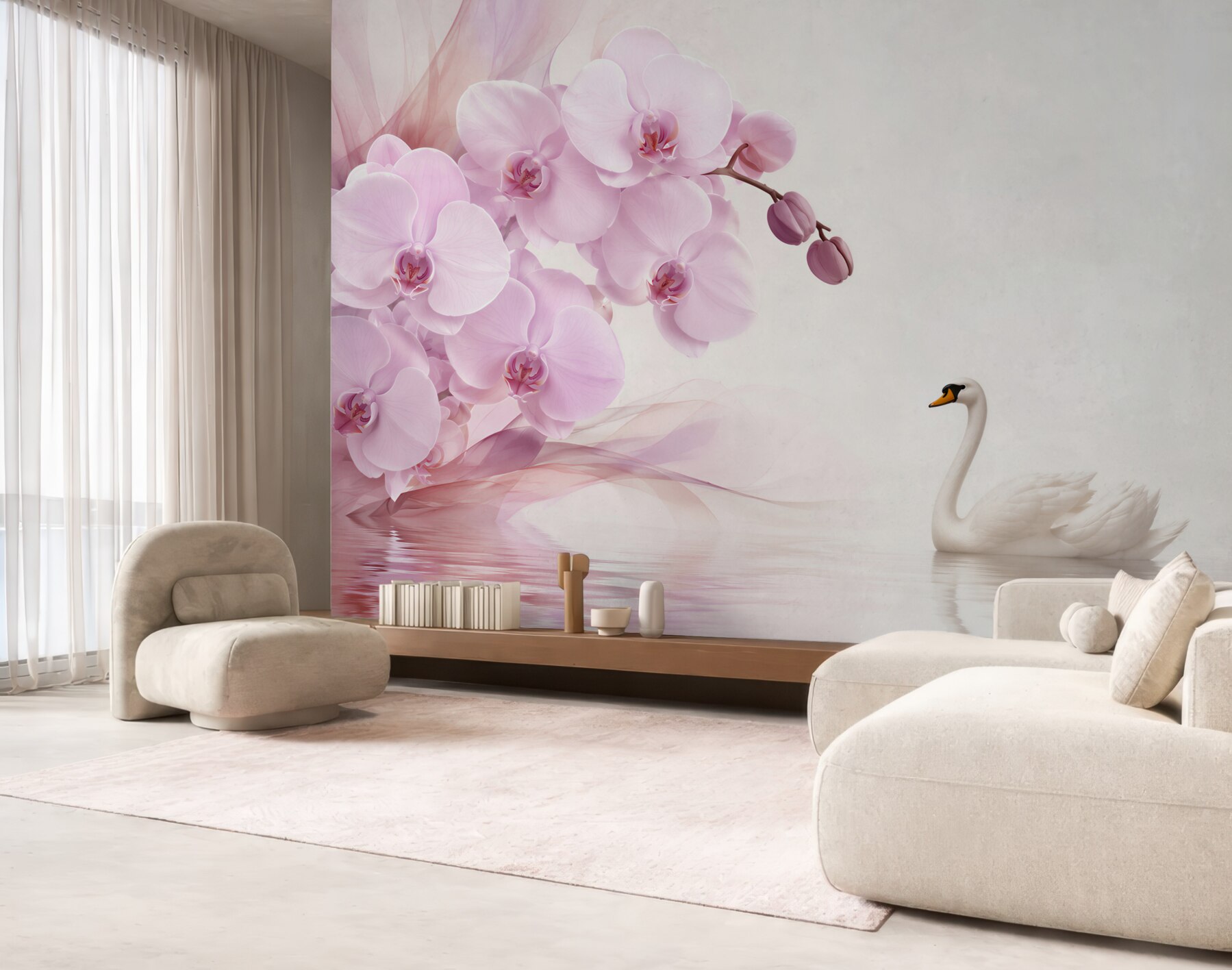 Fototapeta łabędzie na wodzie i delikatna liliowa orchidea?v23