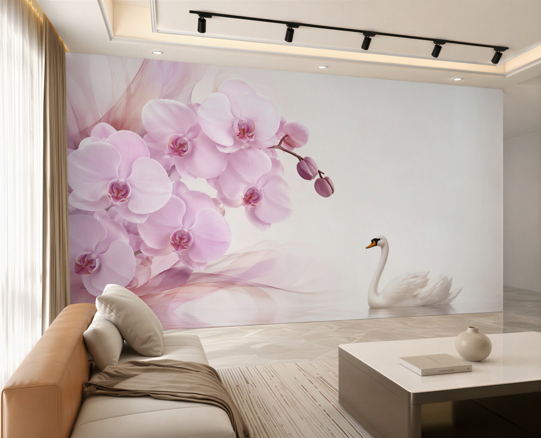 Fototapeta łabędzie na wodzie i delikatna liliowa orchidea?v23