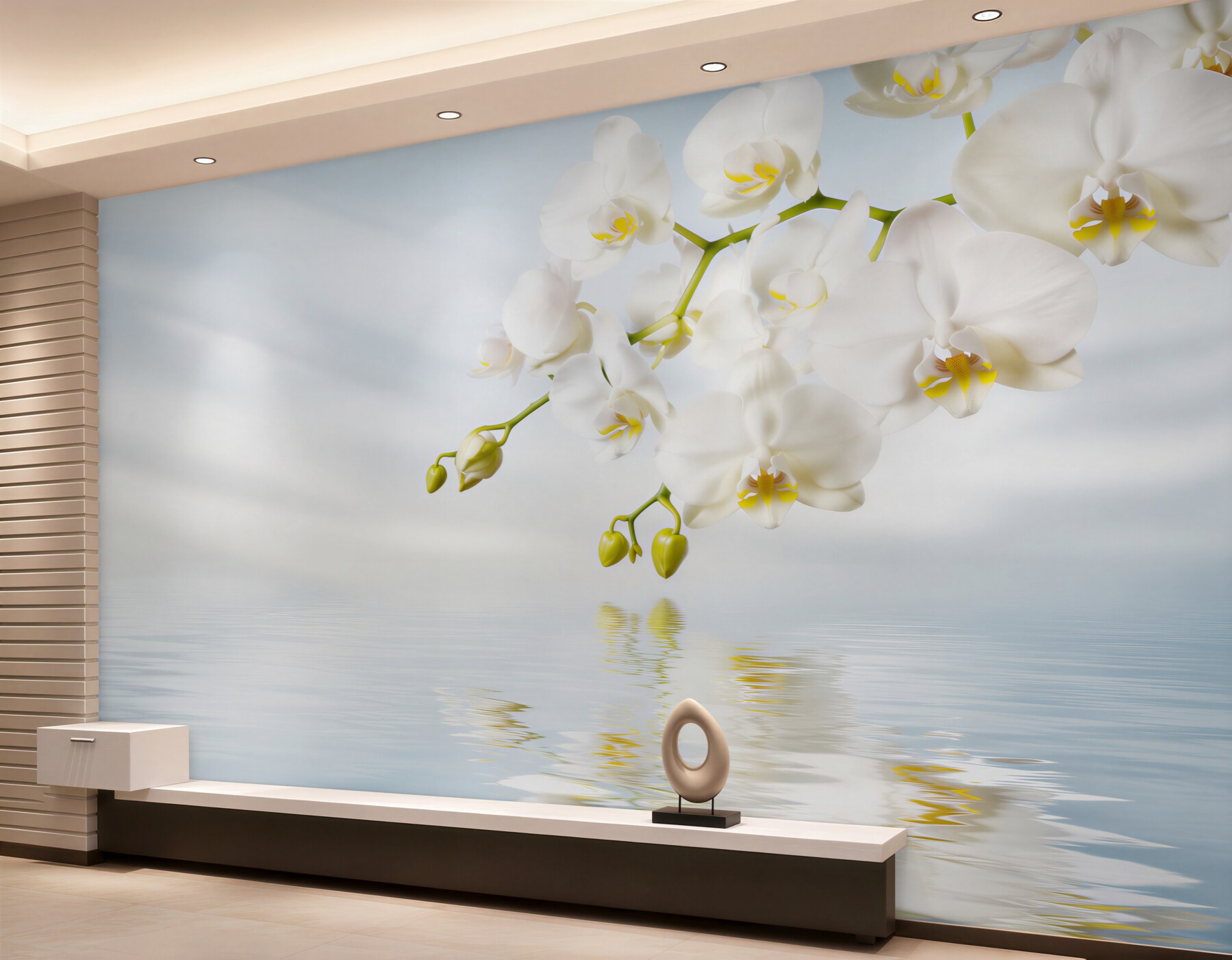 Fototapeta gałąź białej orchidei w pobliżu spokojnej wody?v23