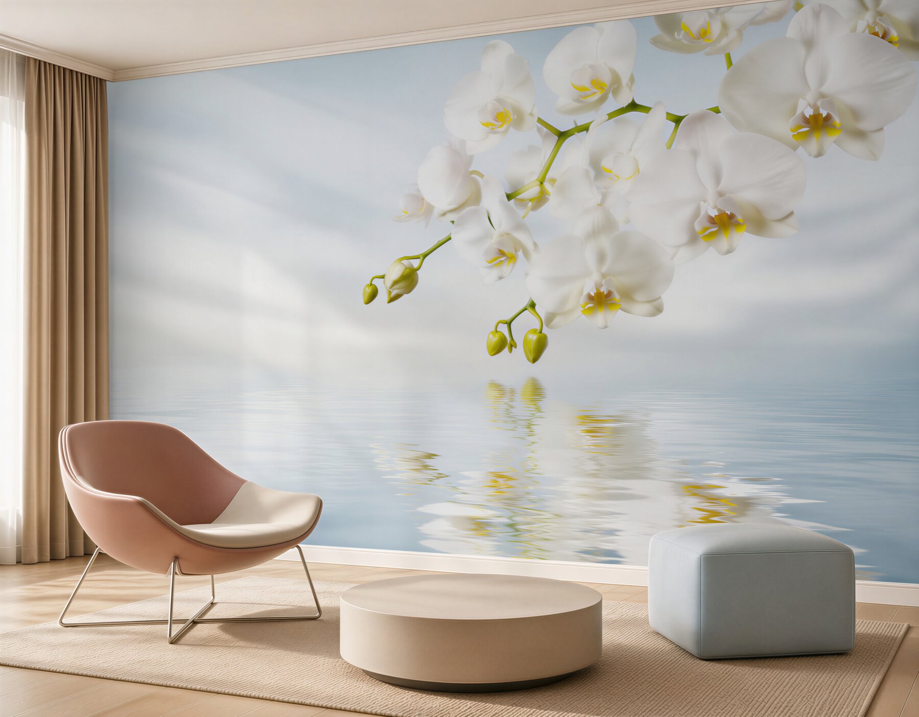Fototapeta gałąź białej orchidei w pobliżu spokojnej wody?v23