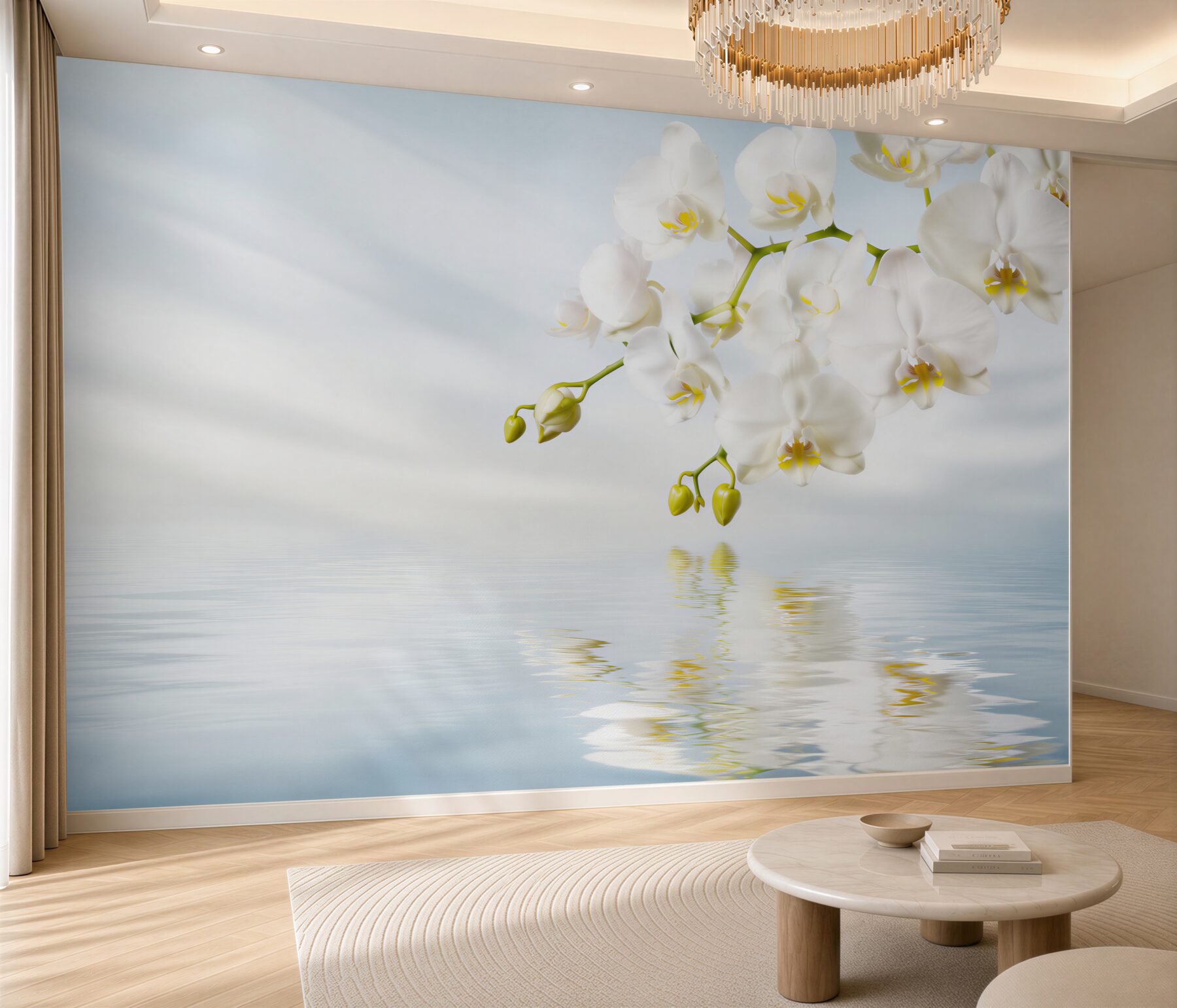 Fototapeta gałąź białej orchidei w pobliżu spokojnej wody?v23