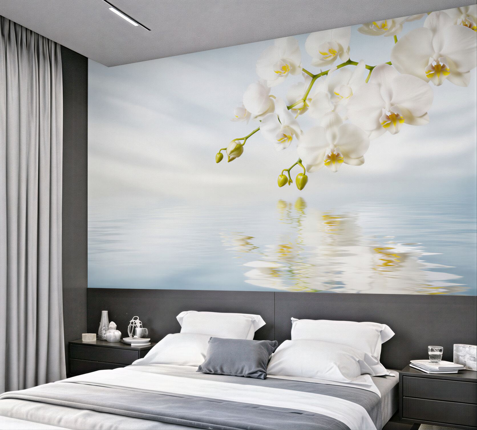 Fototapeta gałąź białej orchidei w pobliżu spokojnej wody?v23