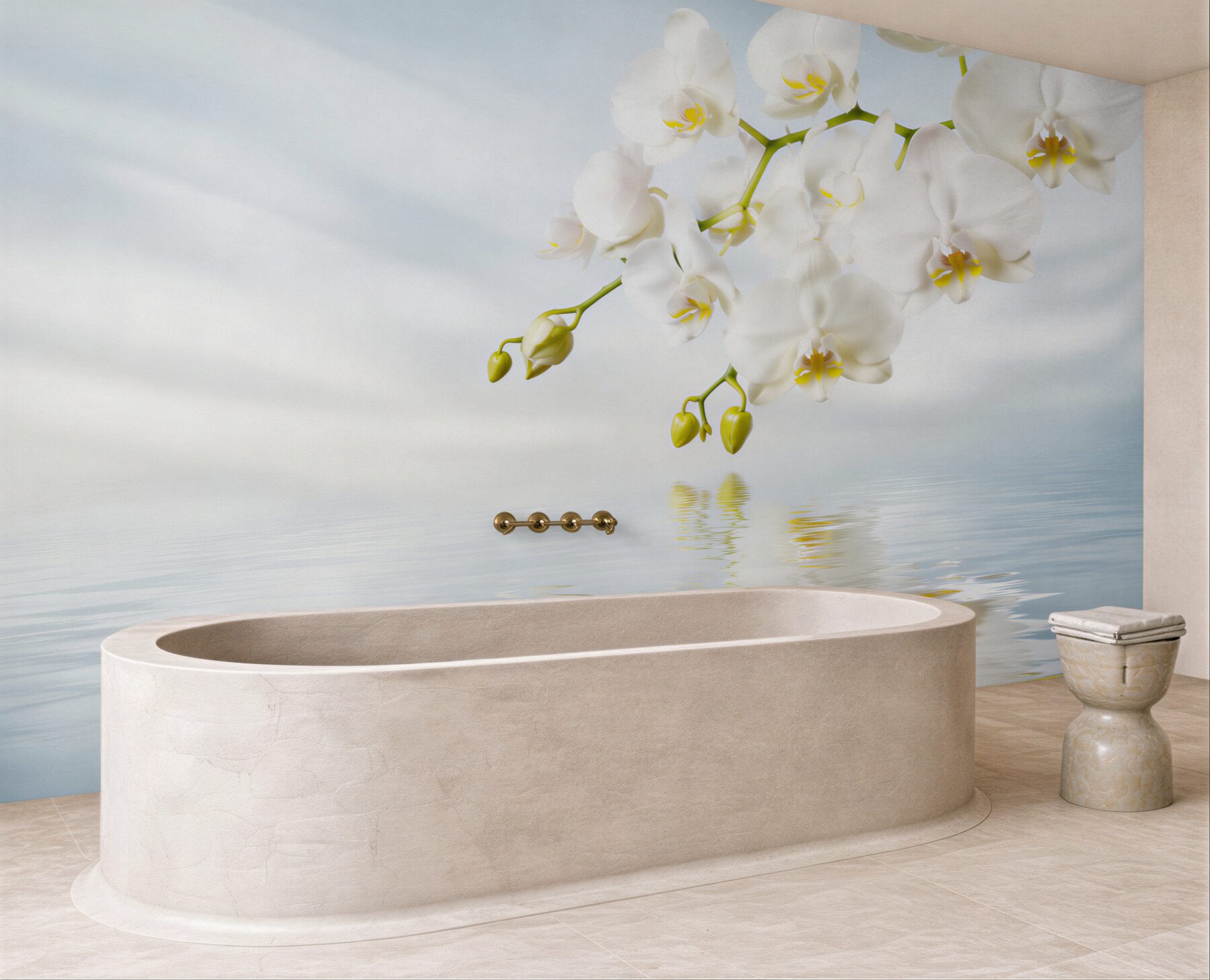 Fototapeta gałąź białej orchidei w pobliżu spokojnej wody?v23
