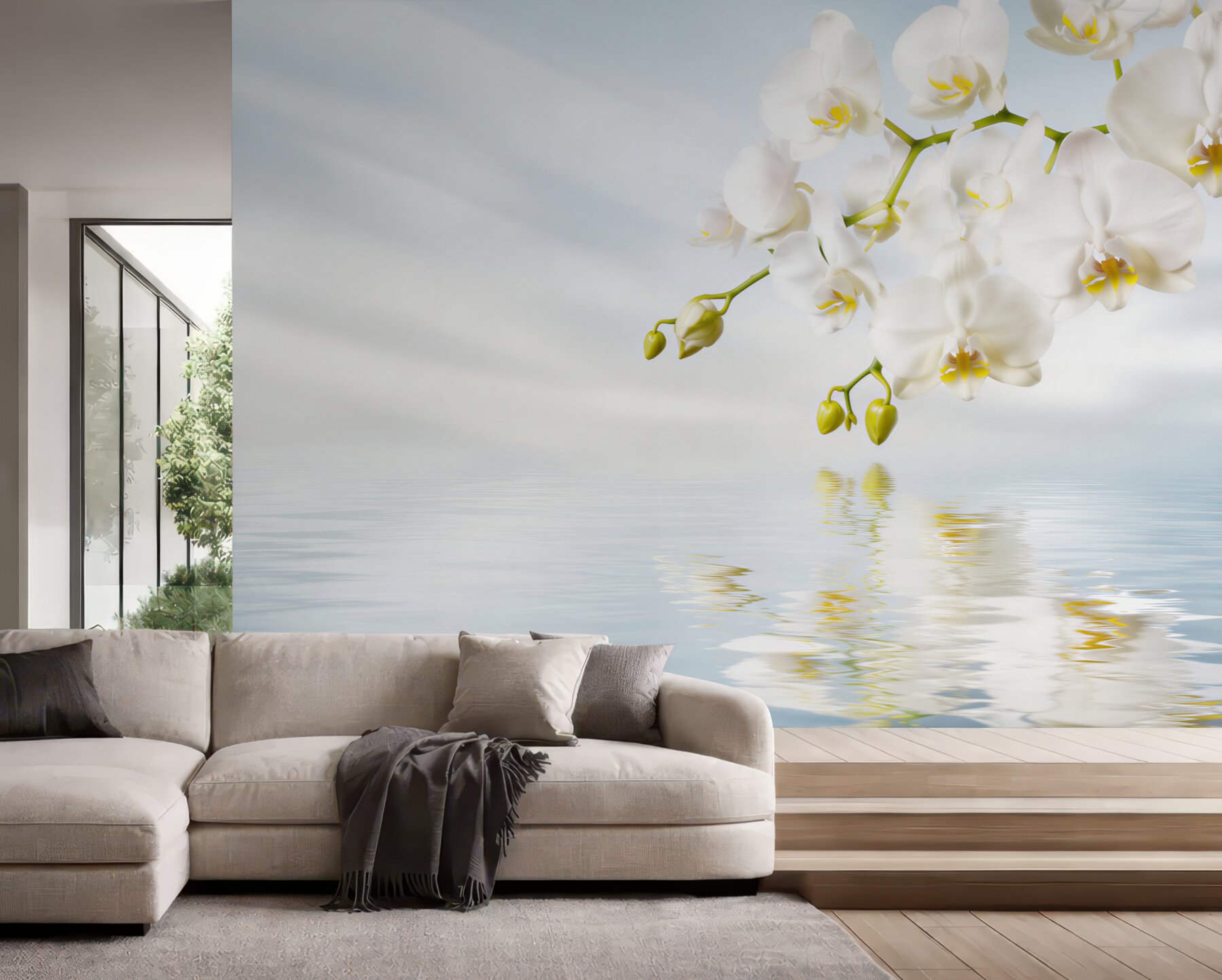Fototapeta gałąź białej orchidei w pobliżu spokojnej wody?v23