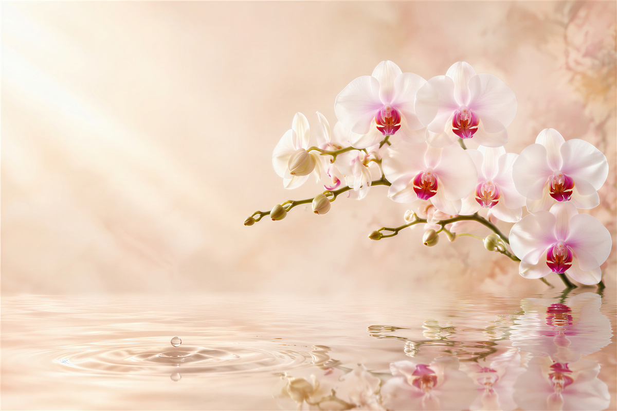 Fototapeta gałąź białej orchidei na wodzie w odbiciu