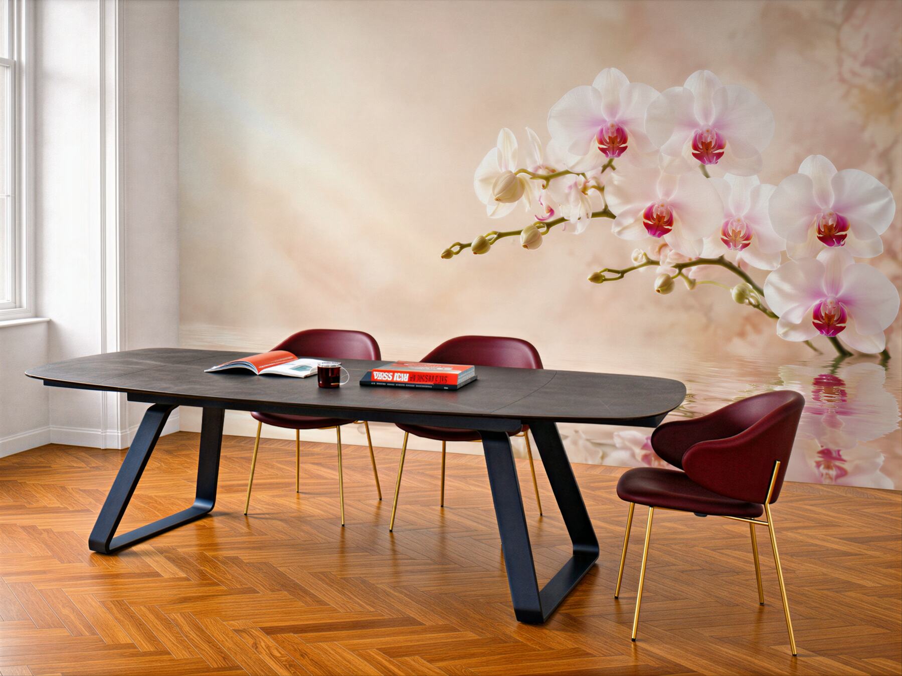 Fototapeta gałąź białej orchidei na wodzie w odbiciu?v23