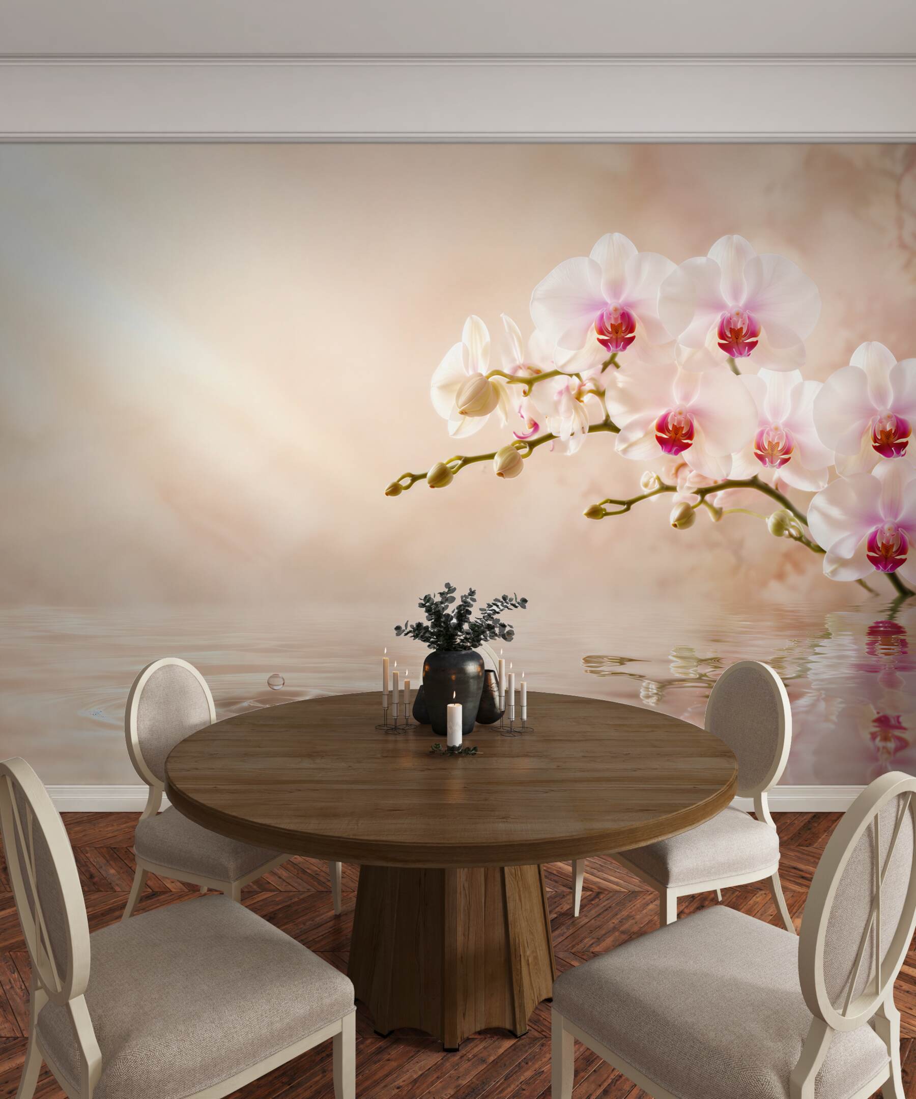 Fototapeta gałąź białej orchidei na wodzie w odbiciu?v23