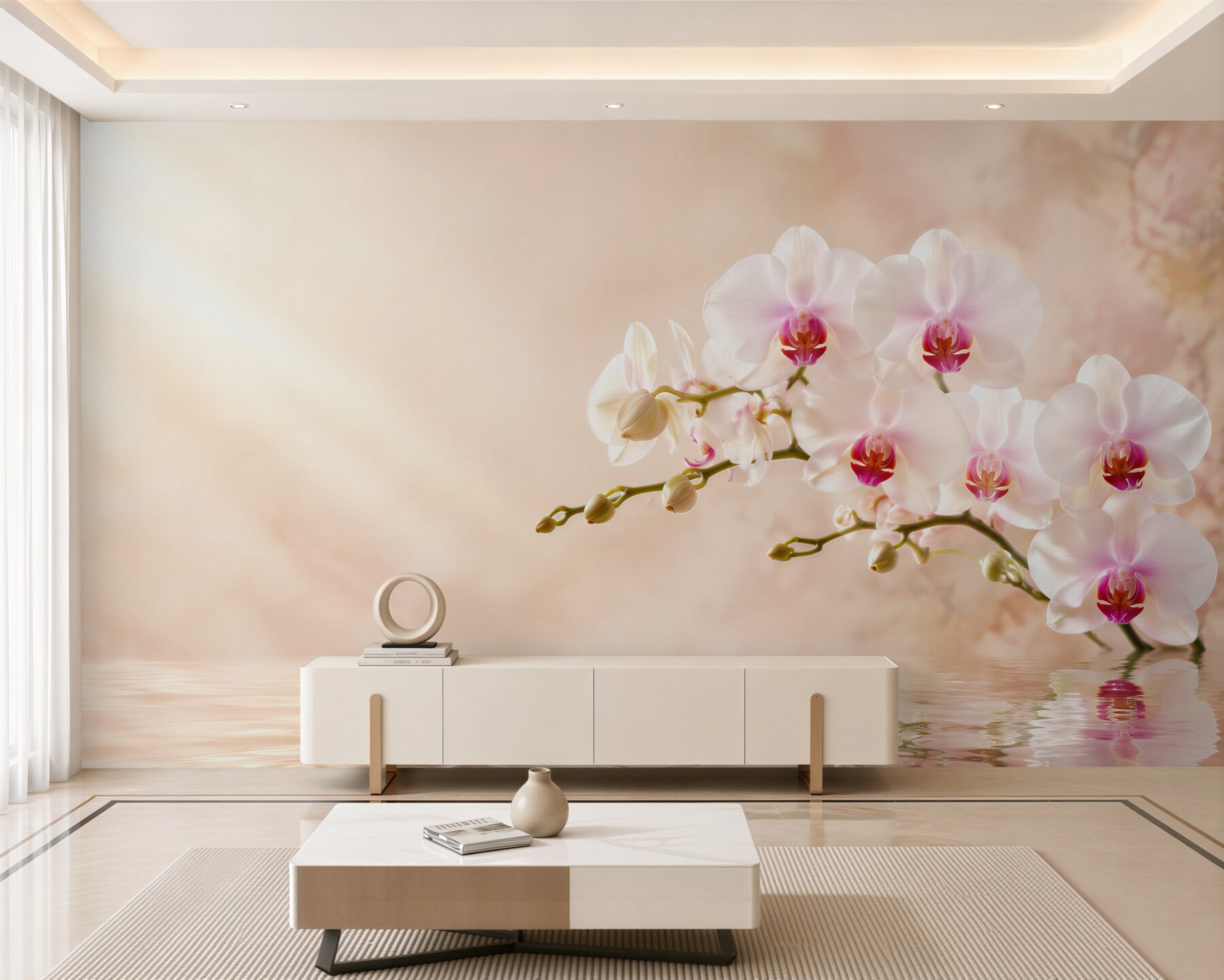 Fototapeta gałąź białej orchidei na wodzie w odbiciu?v23