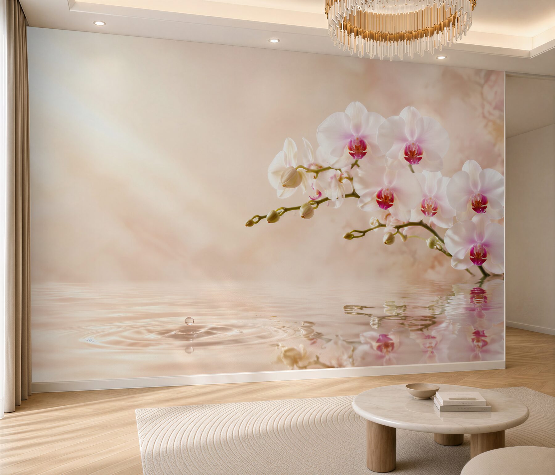 Fototapeta gałąź białej orchidei na wodzie w odbiciu?v23