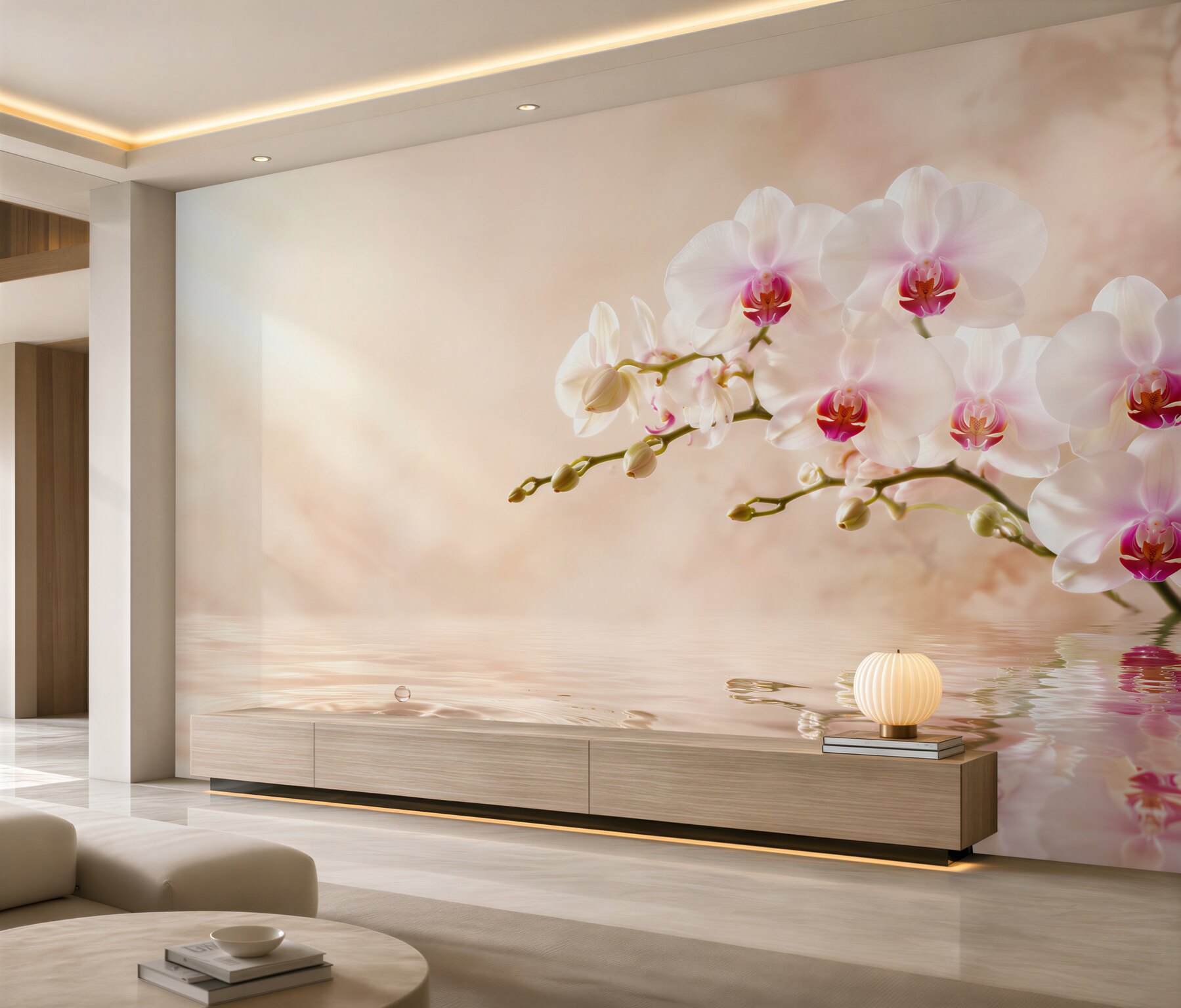 Fototapeta gałąź białej orchidei na wodzie w odbiciu?v23