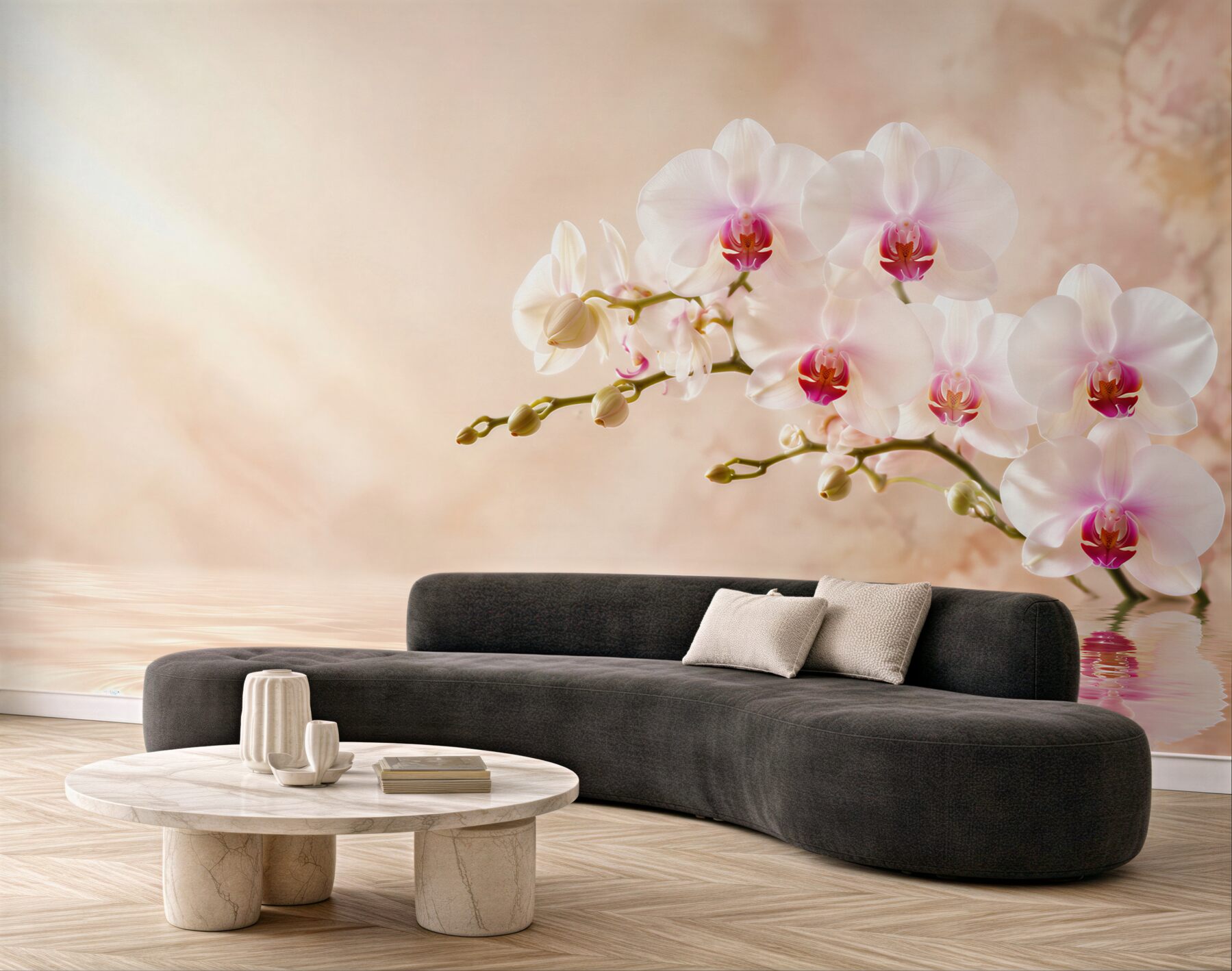 Fototapeta gałąź białej orchidei na wodzie w odbiciu?v23
