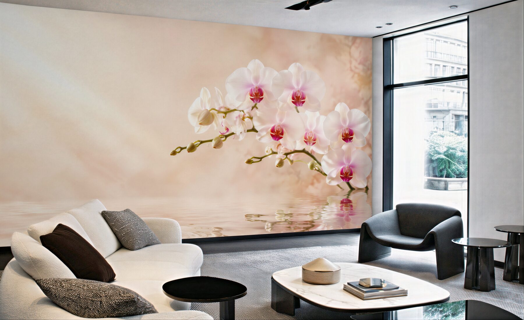 Fototapeta gałąź białej orchidei na wodzie w odbiciu?v23