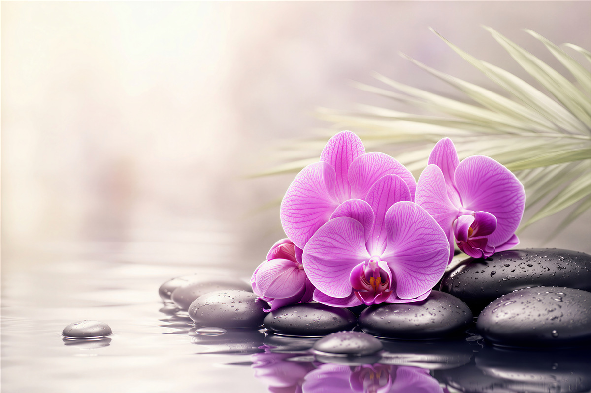 Fototapeta fioletowa orchidea na czarnym kamieniu w pobliżu wody