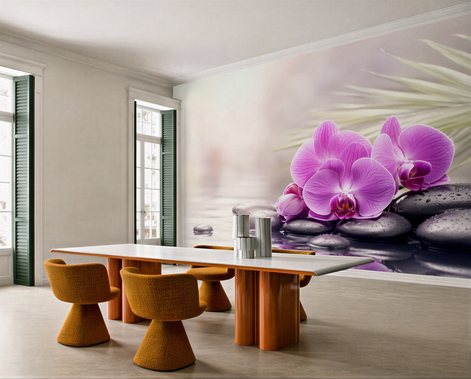 Fototapeta fioletowa orchidea na czarnym kamieniu w pobliżu wody?v23