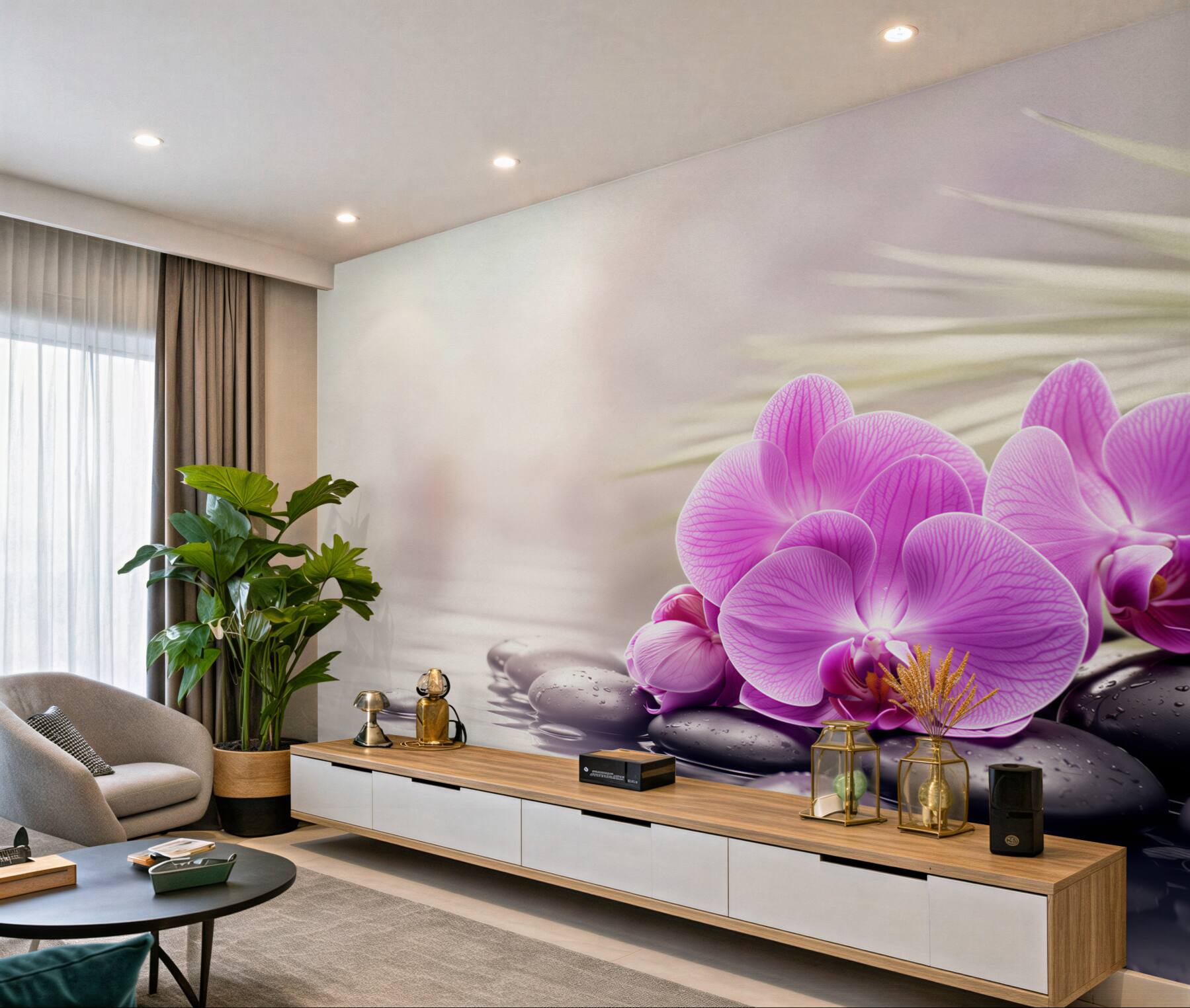 Fototapeta fioletowa orchidea na czarnym kamieniu w pobliżu wody?v23