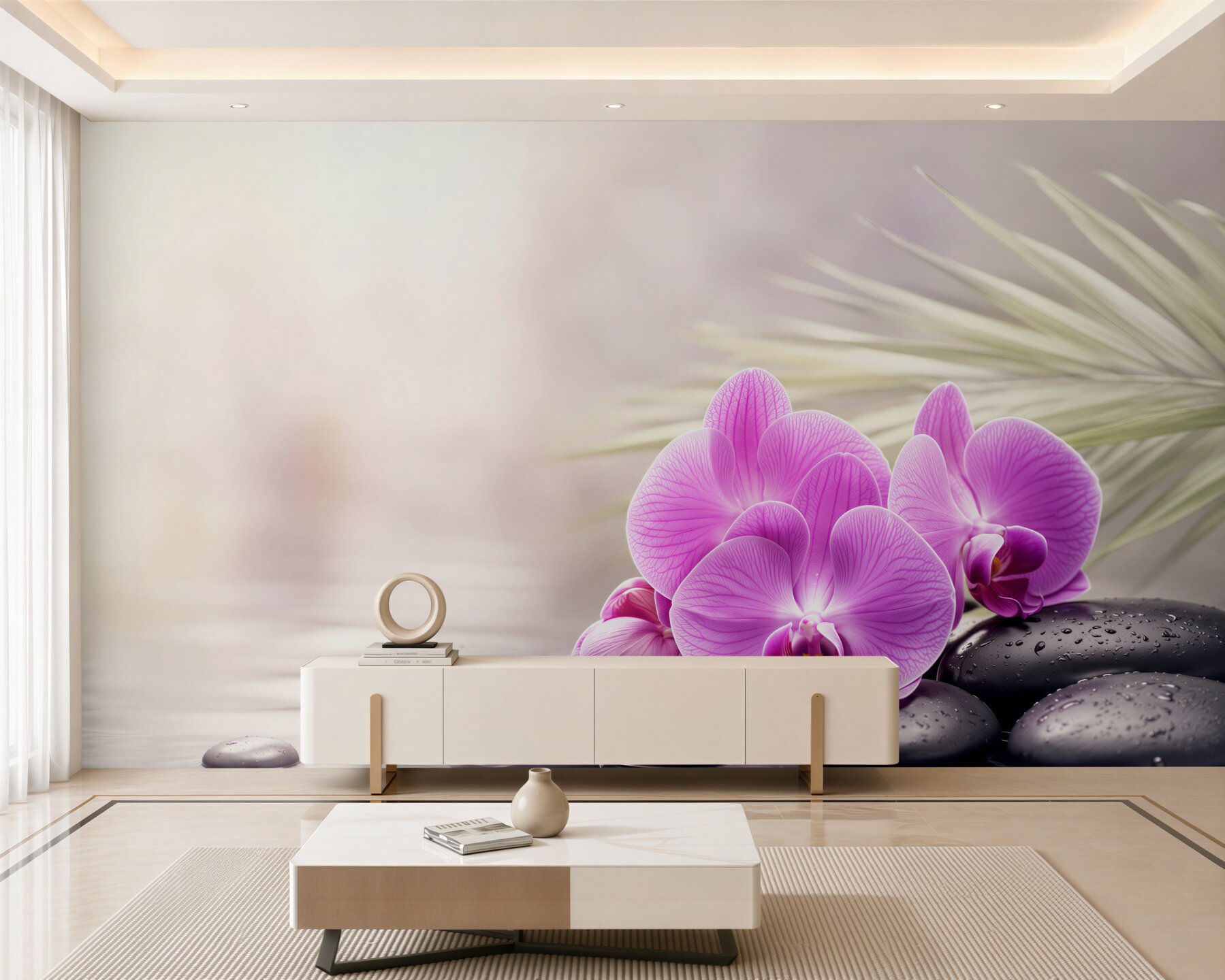 Fototapeta fioletowa orchidea na czarnym kamieniu w pobliżu wody?v23