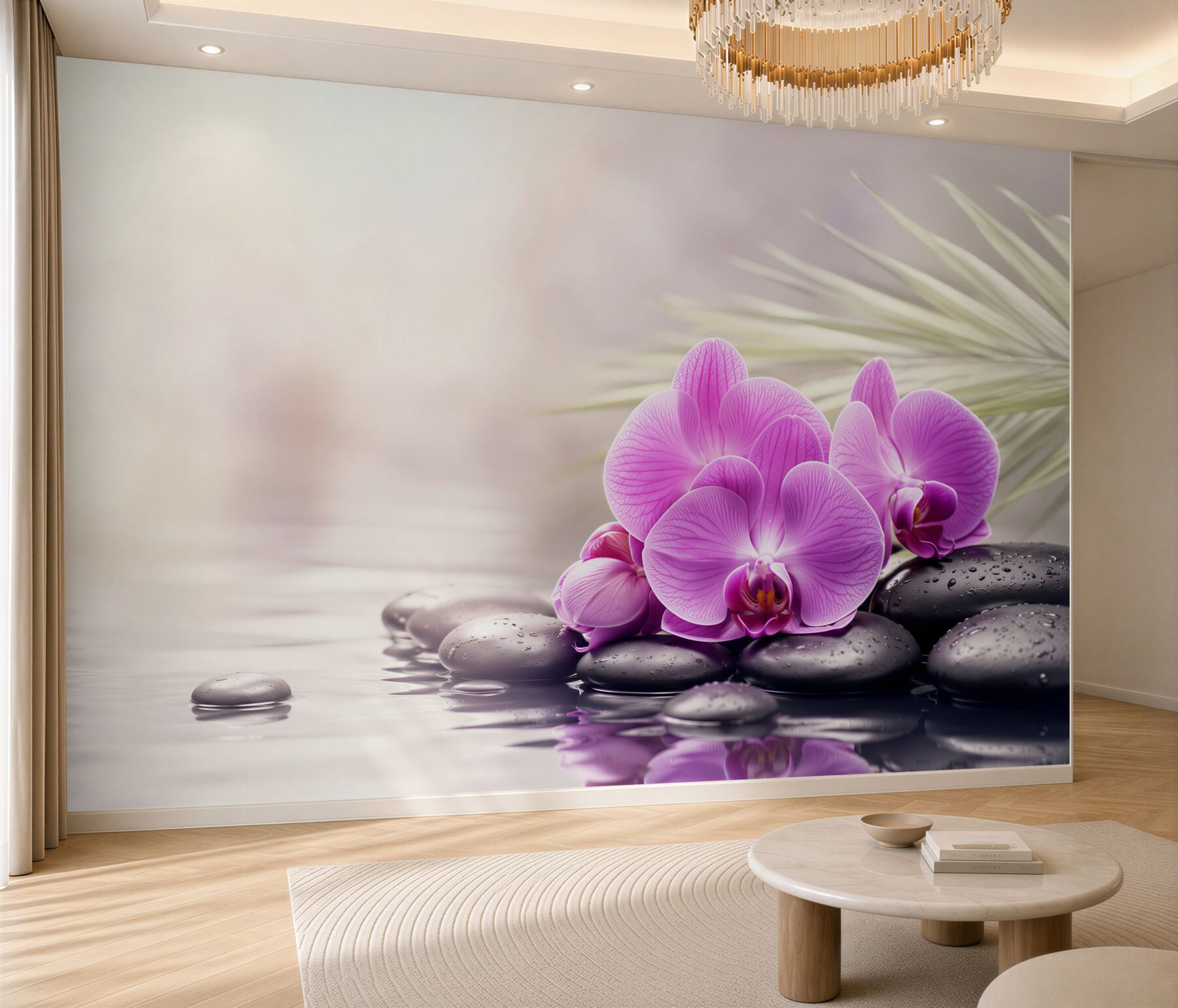 Fototapeta fioletowa orchidea na czarnym kamieniu w pobliżu wody?v23