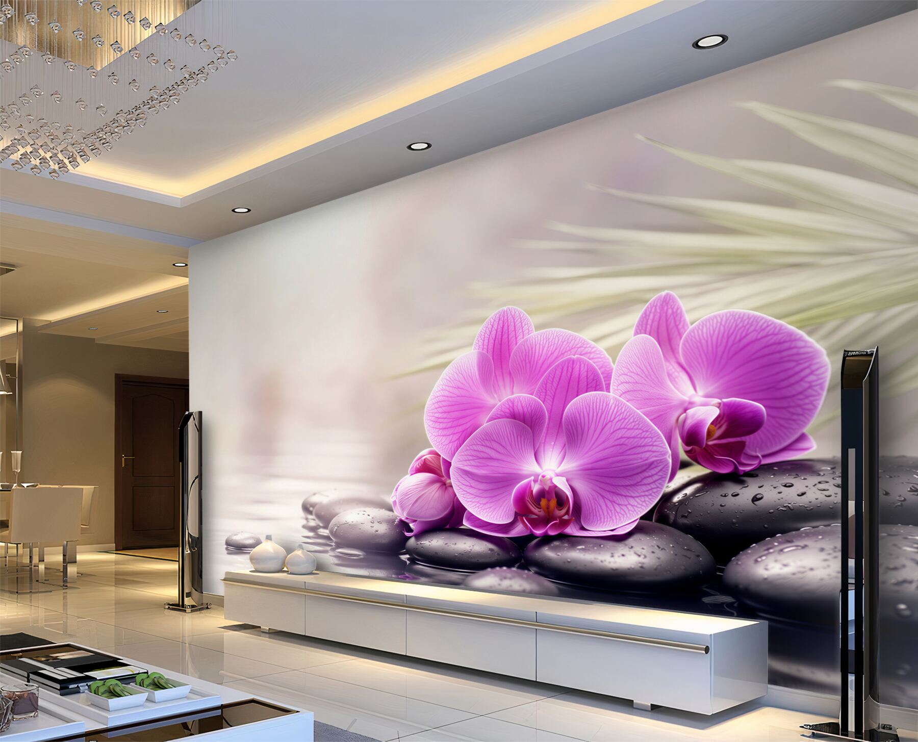 Fototapeta fioletowa orchidea na czarnym kamieniu w pobliżu wody