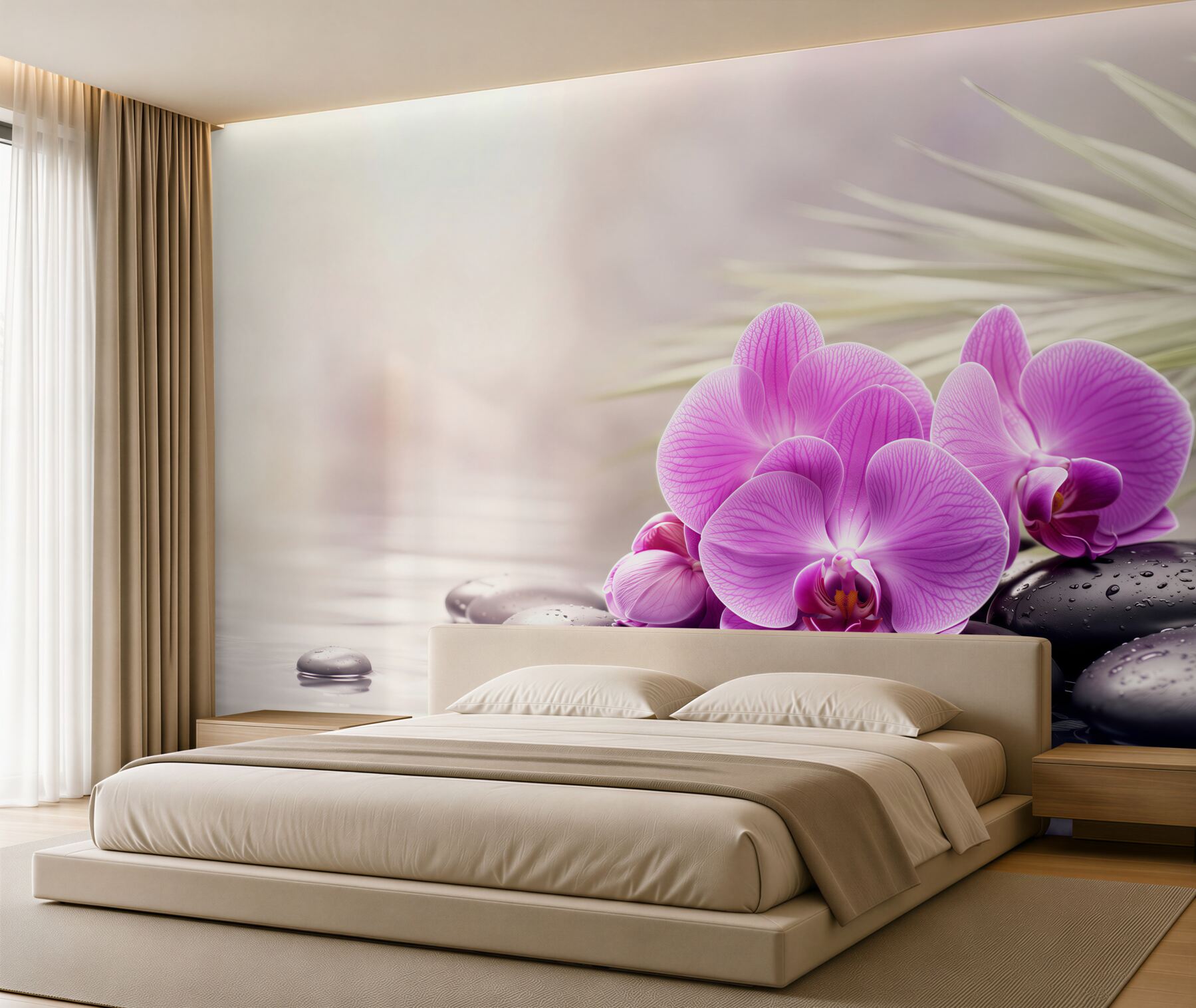 Fototapeta fioletowa orchidea na czarnym kamieniu w pobliżu wody?v23