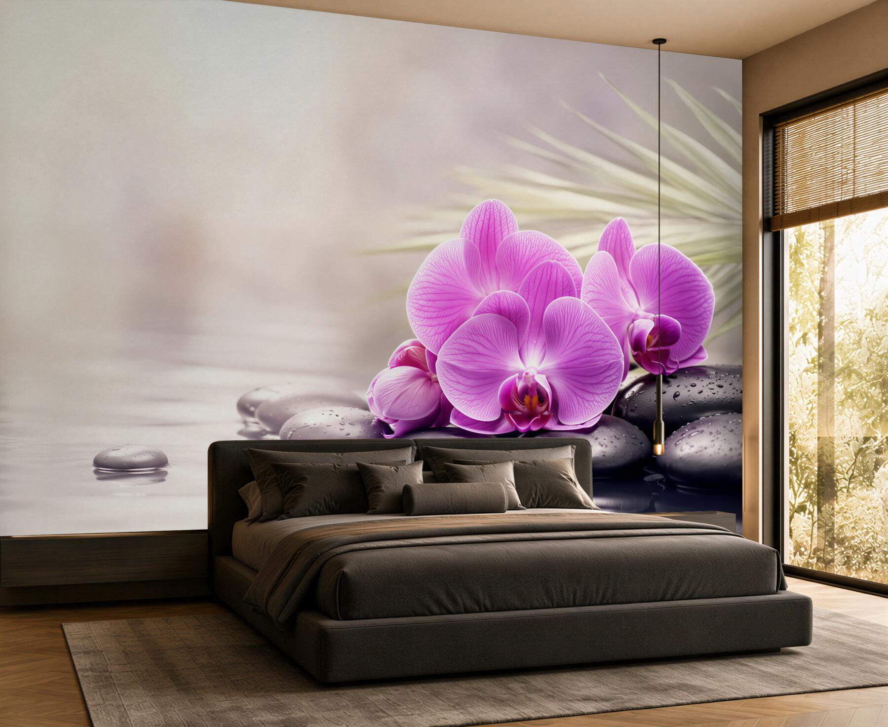Fototapeta fioletowa orchidea na czarnym kamieniu w pobliżu wody?v23
