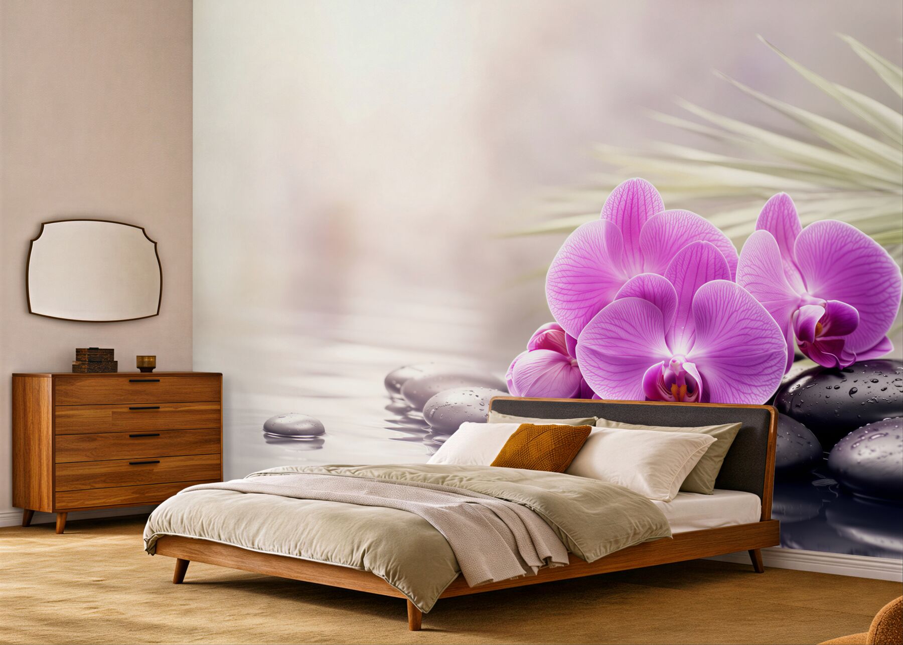Fototapeta fioletowa orchidea na czarnym kamieniu w pobliżu wody?v23