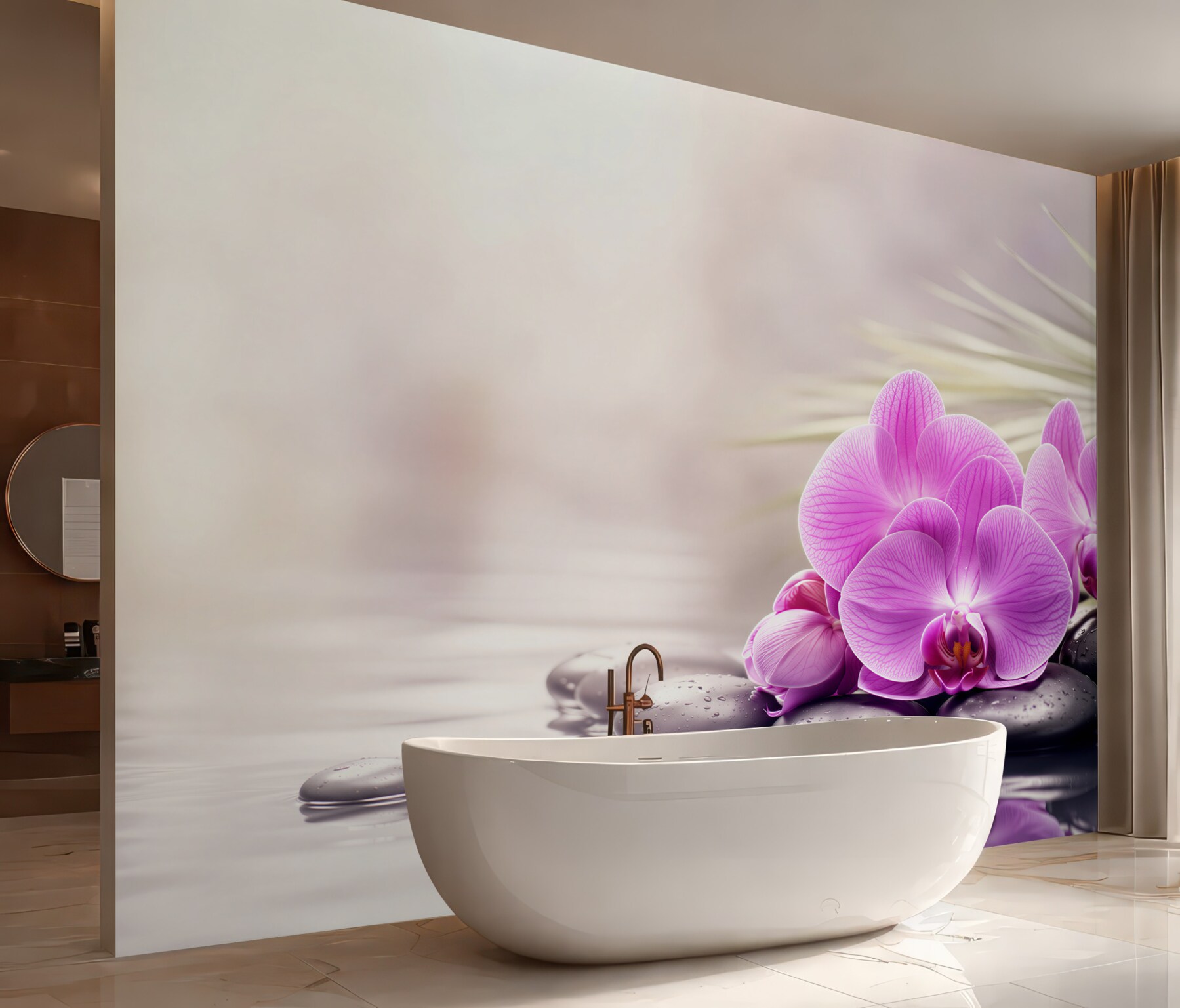 Fototapeta fioletowa orchidea na czarnym kamieniu w pobliżu wody?v23